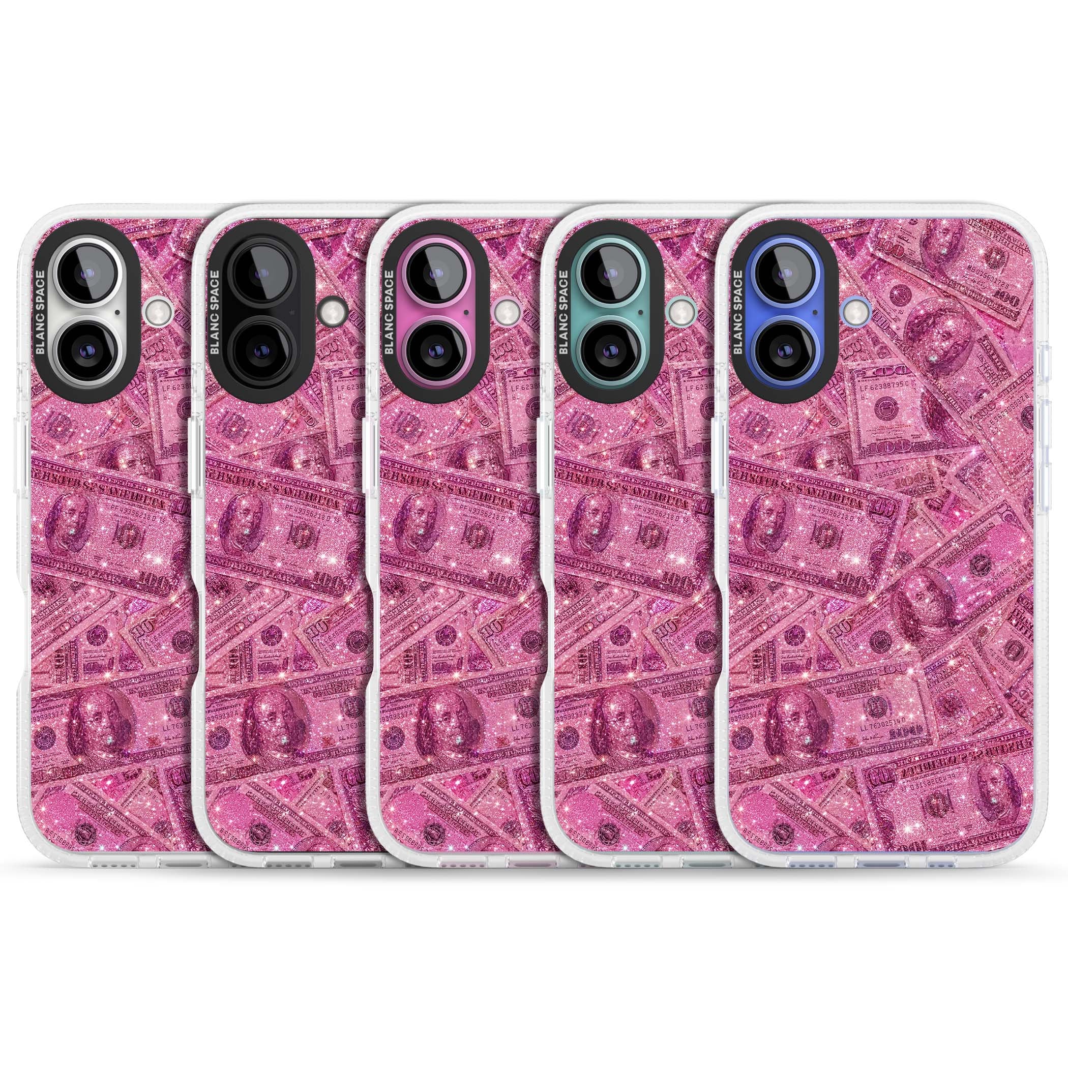 Glamorous baddie iPhone case featuring pink glitter hundred dollar bills and sparkling money wallpaper design | Clear Case Impact Air case for iPhone 16, iPhone 16 Plus