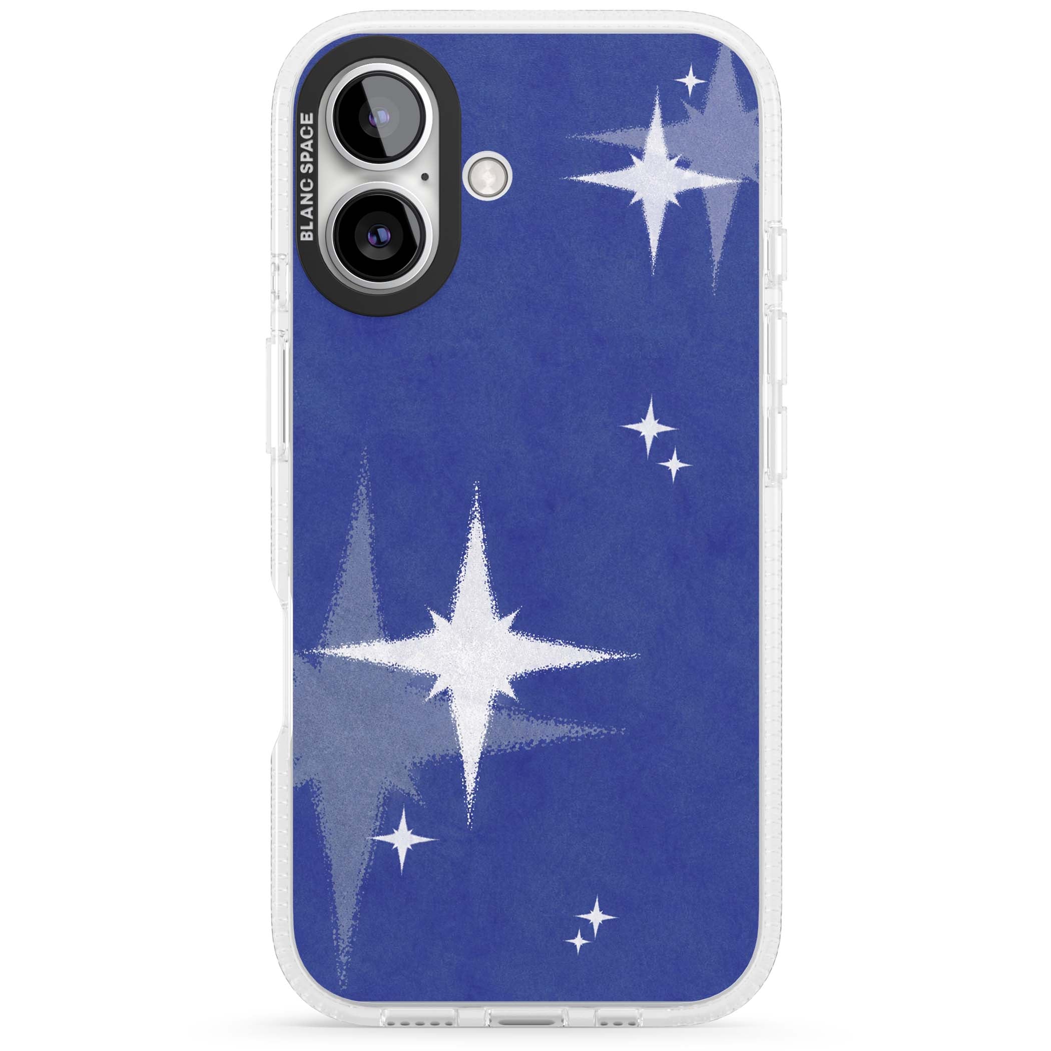 Blue Sparkle celestial iPhone case featuring sparkling silver stars on a deep blue painterly night sky | Clear Case Impact Air case for iPhone 16, iPhone 16 Plus