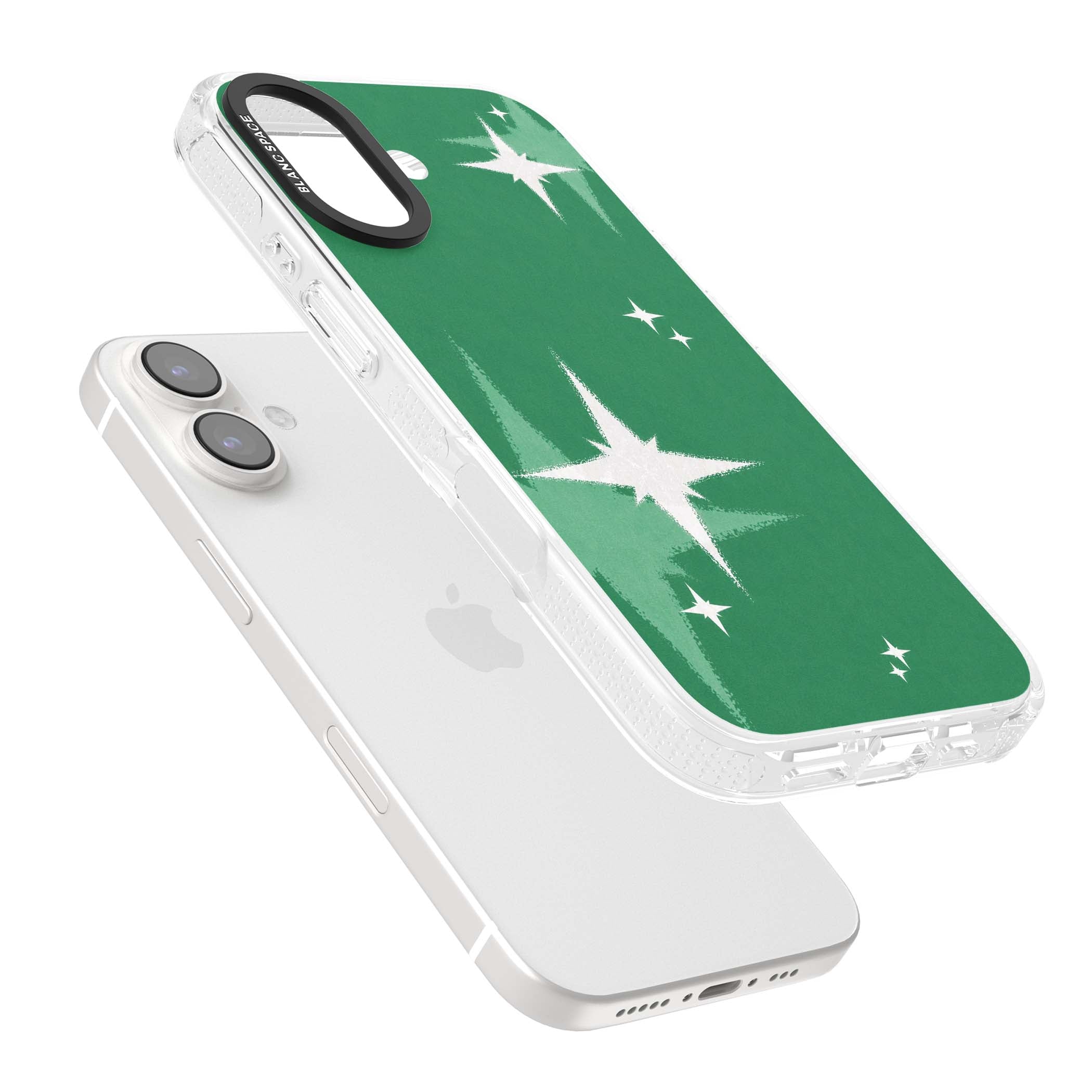 Green Sparkle celestial iPhone case featuring sparkling white four-point stars on a deep green background | Clear Case Impact Air case for iPhone 16, iPhone 16 Plus