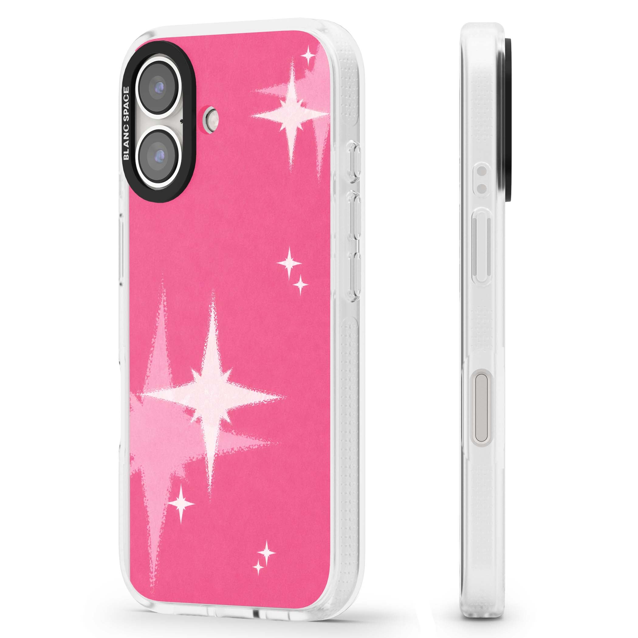 Pink Sparkle Y2K iPhone case featuring hot pink background with shimmering white starburst pattern | Clear Case Impact Air case for iPhone 16, iPhone 16 Plus