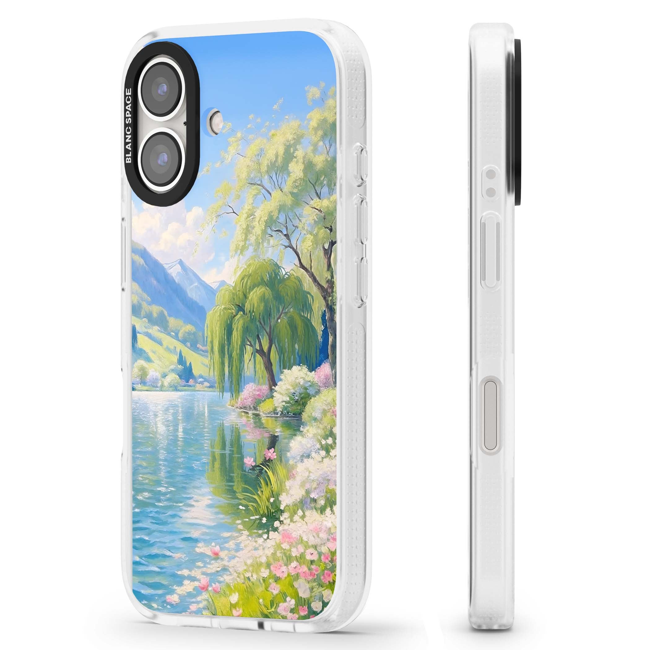 Willow Lake cottagecore iPhone case featuring a painted lakeside with weeping willow, blossoms and distant mountains | Clear Case Impact Air case for iPhone 16, iPhone 16 Plus