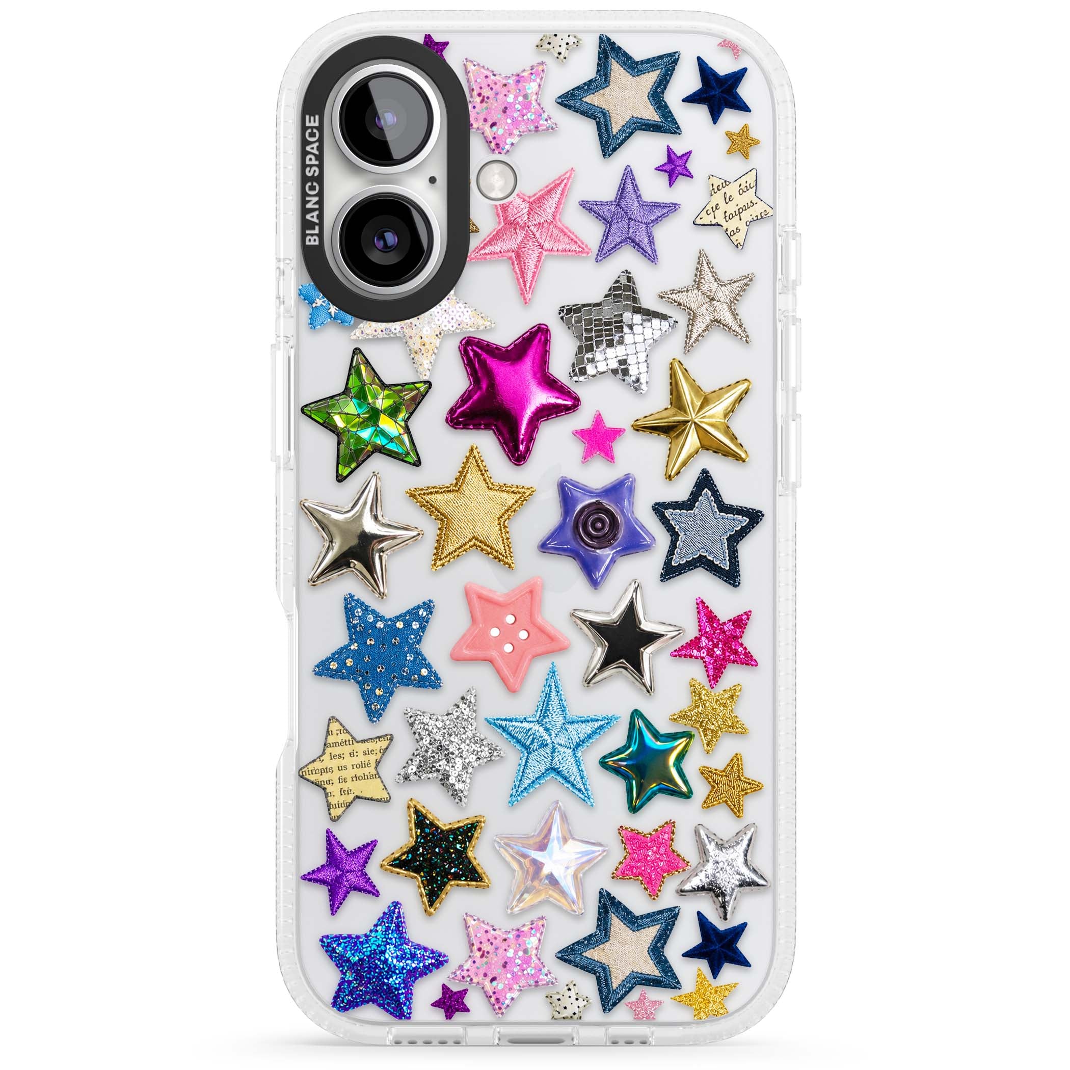 Crafty Star Mix Y2K iPhone case featuring embroidered, sequinned and glitter star patches in rainbow colours | Clear Case Impact Air case for iPhone 16, iPhone 16 Plus