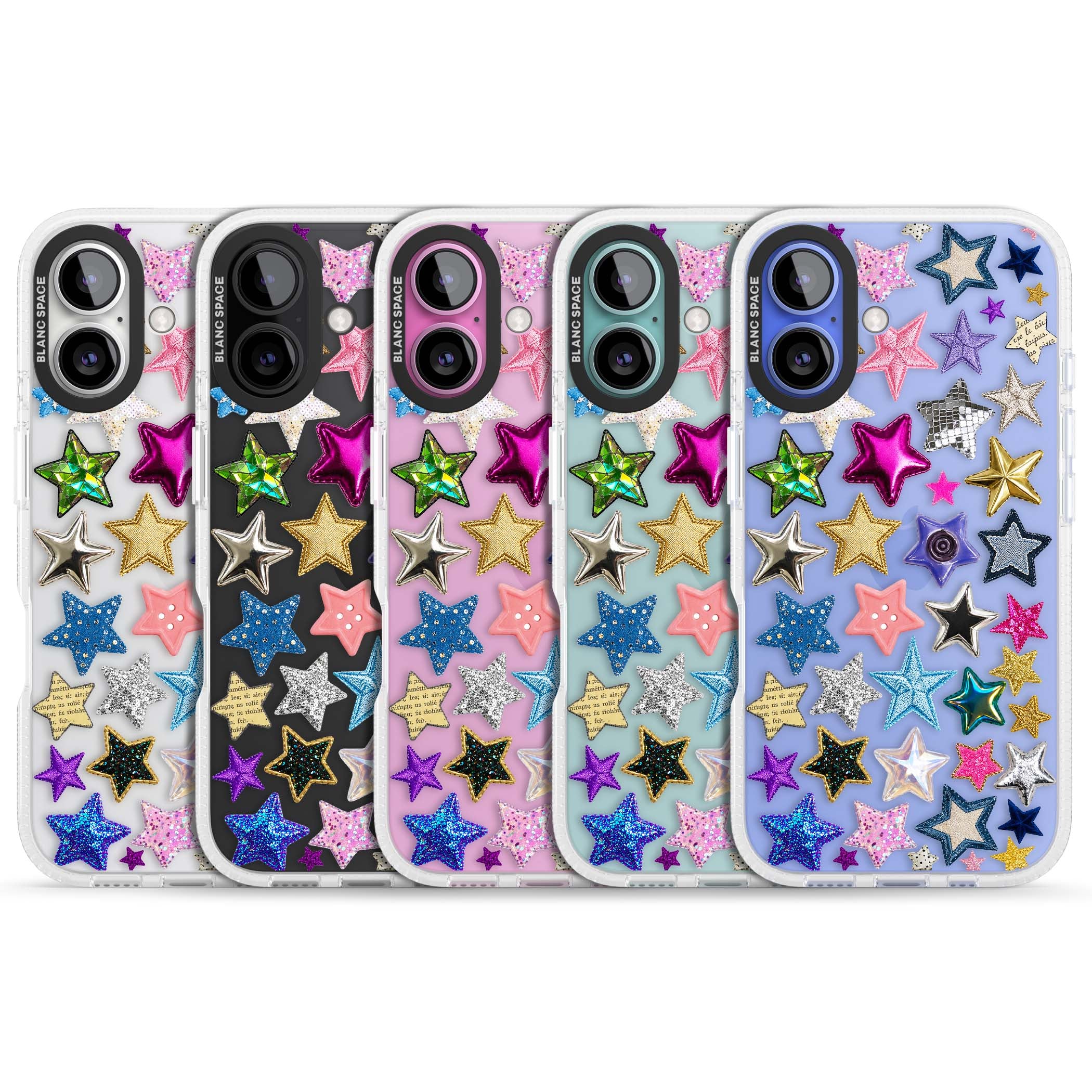 Crafty Star Mix Y2K iPhone case featuring embroidered, sequinned and glitter star patches in rainbow colours | Clear Case Impact Air case for iPhone 16, iPhone 16 Plus