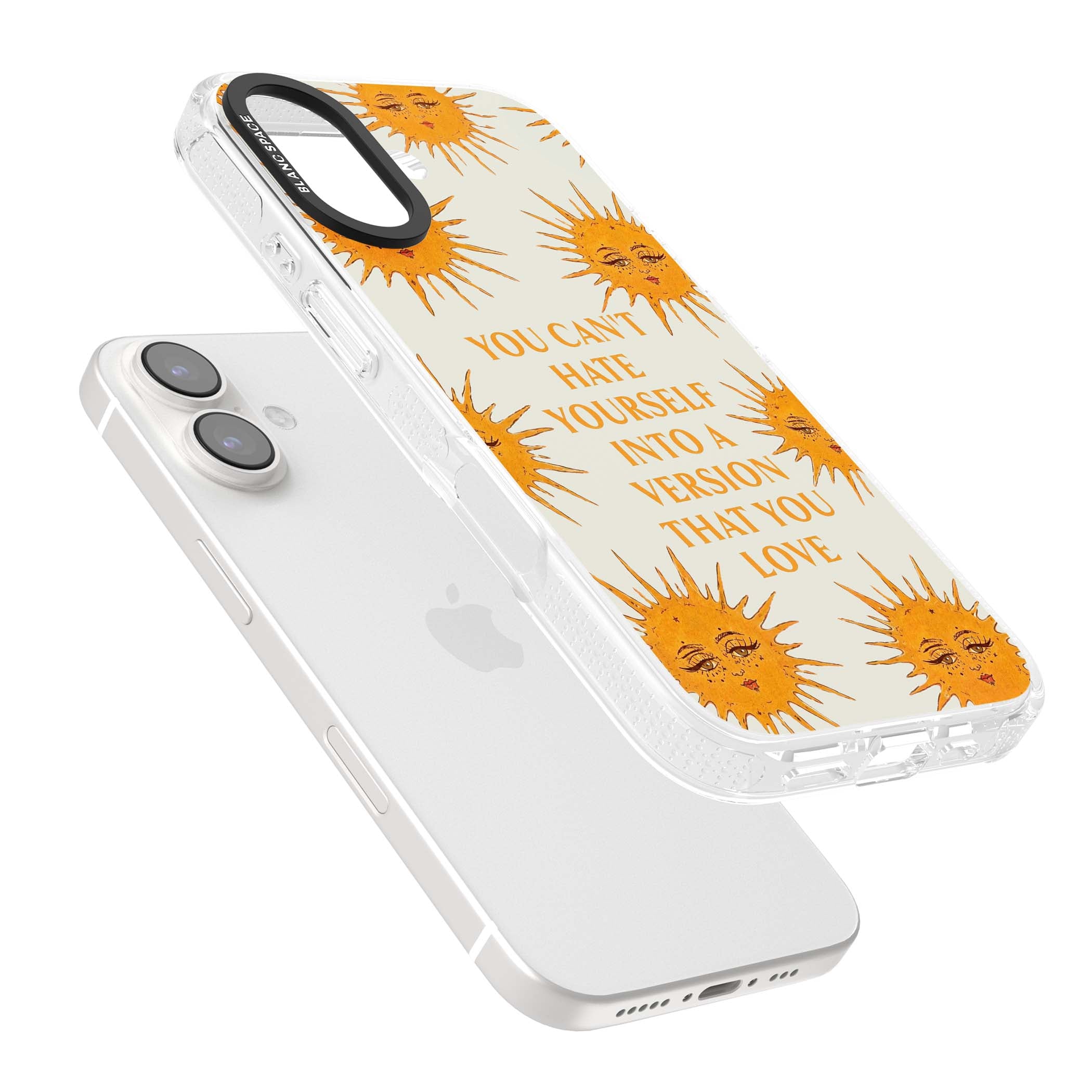 Don't Hate Yourself celestial iPhone case featuring vintage sun faces, ochre rays and a self-love quote | Clear Case Impact Air case for iPhone 16, iPhone 16 Plus