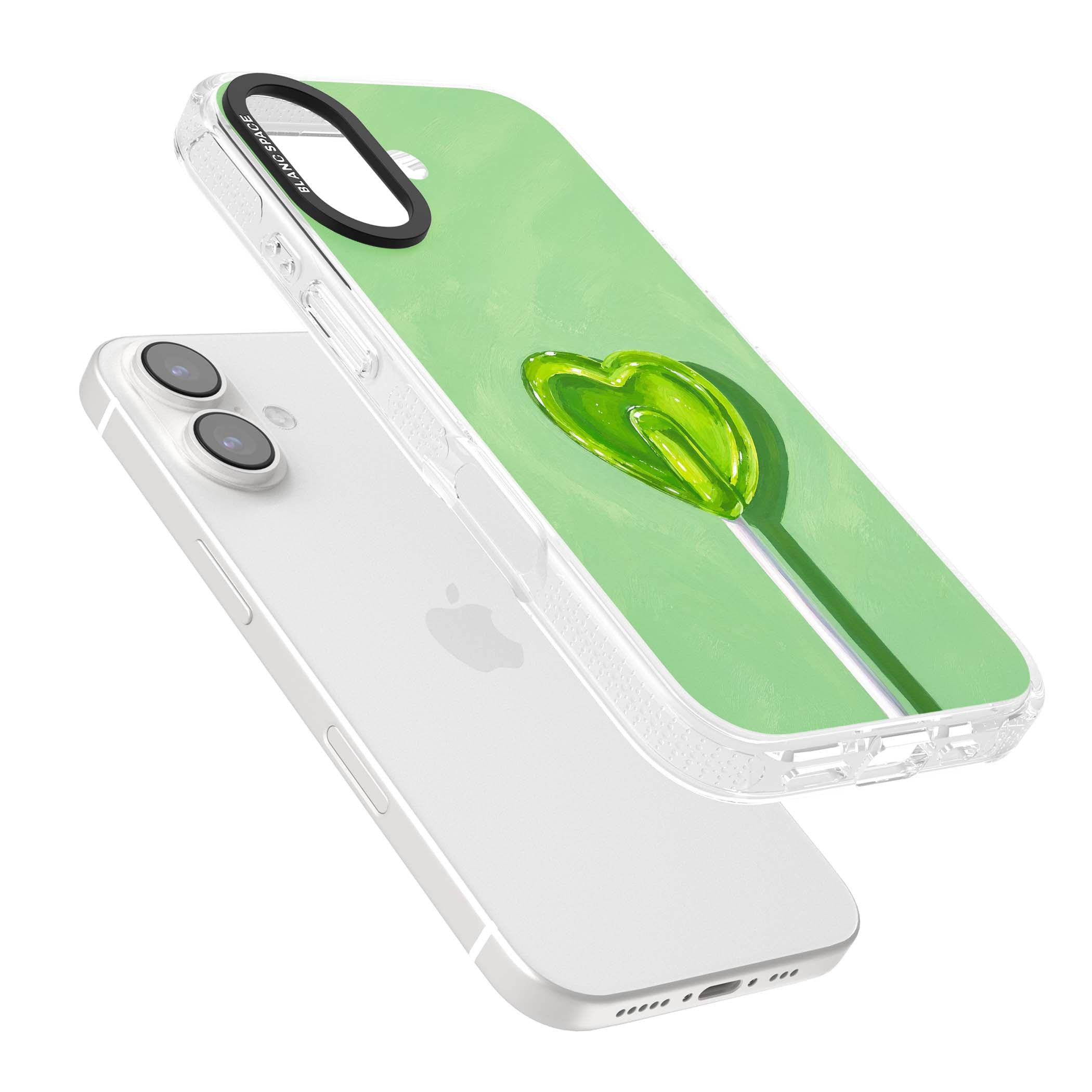 Green Lollipop candy art iPhone case featuring a glossy green heart-shaped lollipop on a painted pastel green background | Clear Case Impact Air case for iPhone 16, iPhone 16 Plus