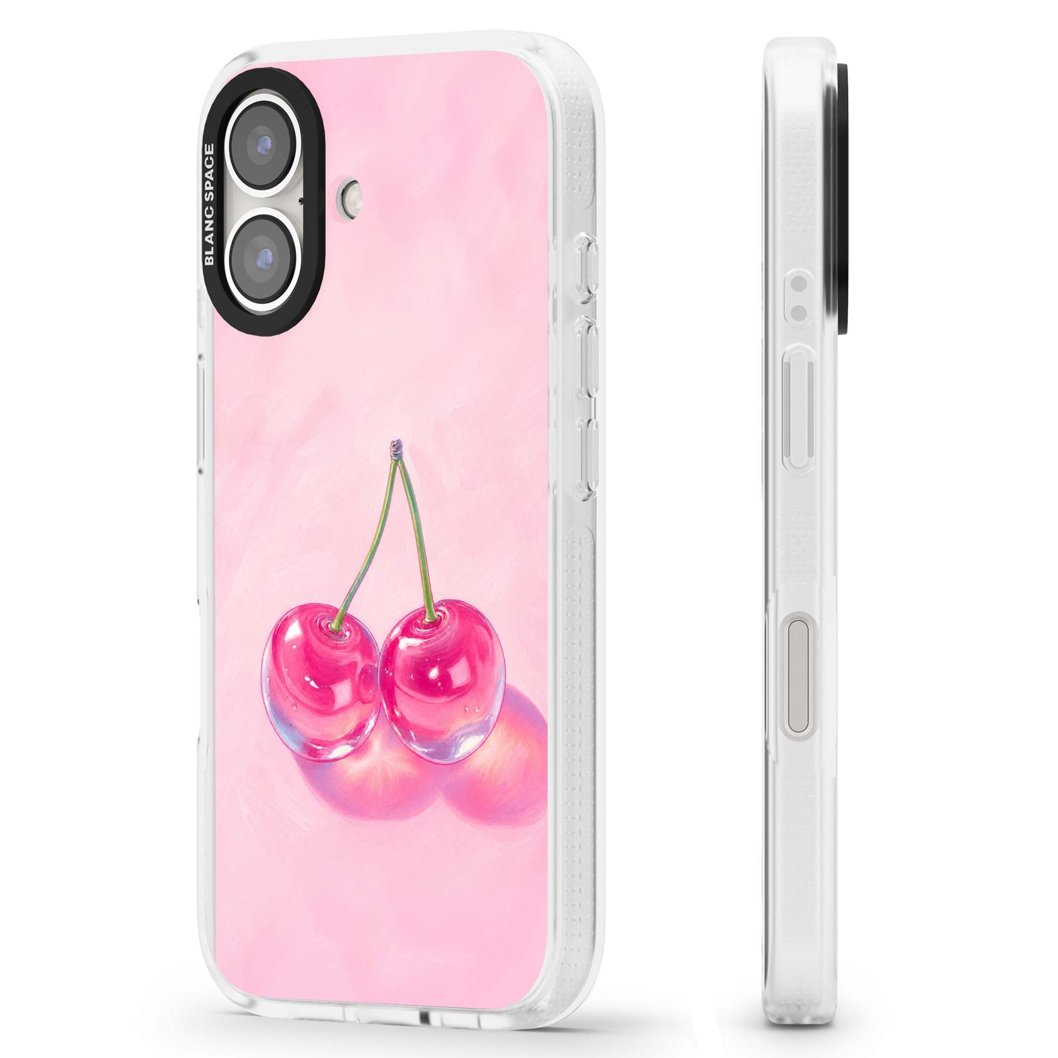 Pink Glass Cherry coquette iPhone case featuring two glossy painted cherries on a soft pink background | Clear Case Impact Air case for iPhone 16, iPhone 16 Plus