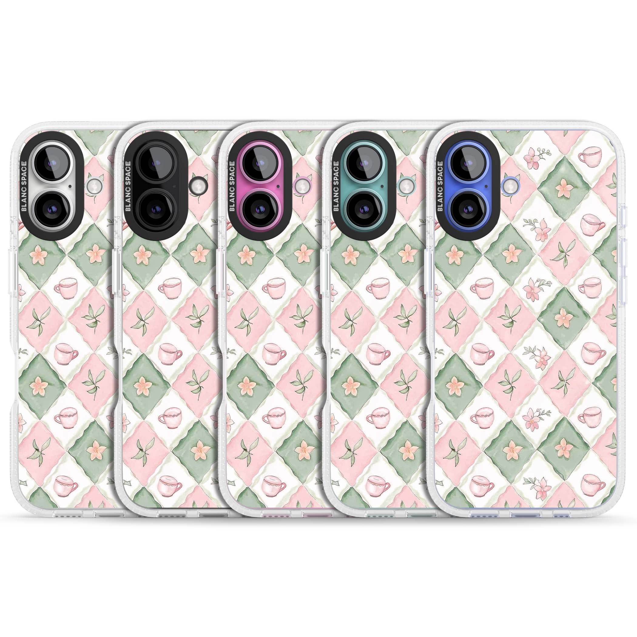 Garden Tea Party coquette iPhone case with pink and green checkered pattern, watercolour teacups and wildflowers | Clear Case Impact Air case for iPhone 16, iPhone 16 Plus
