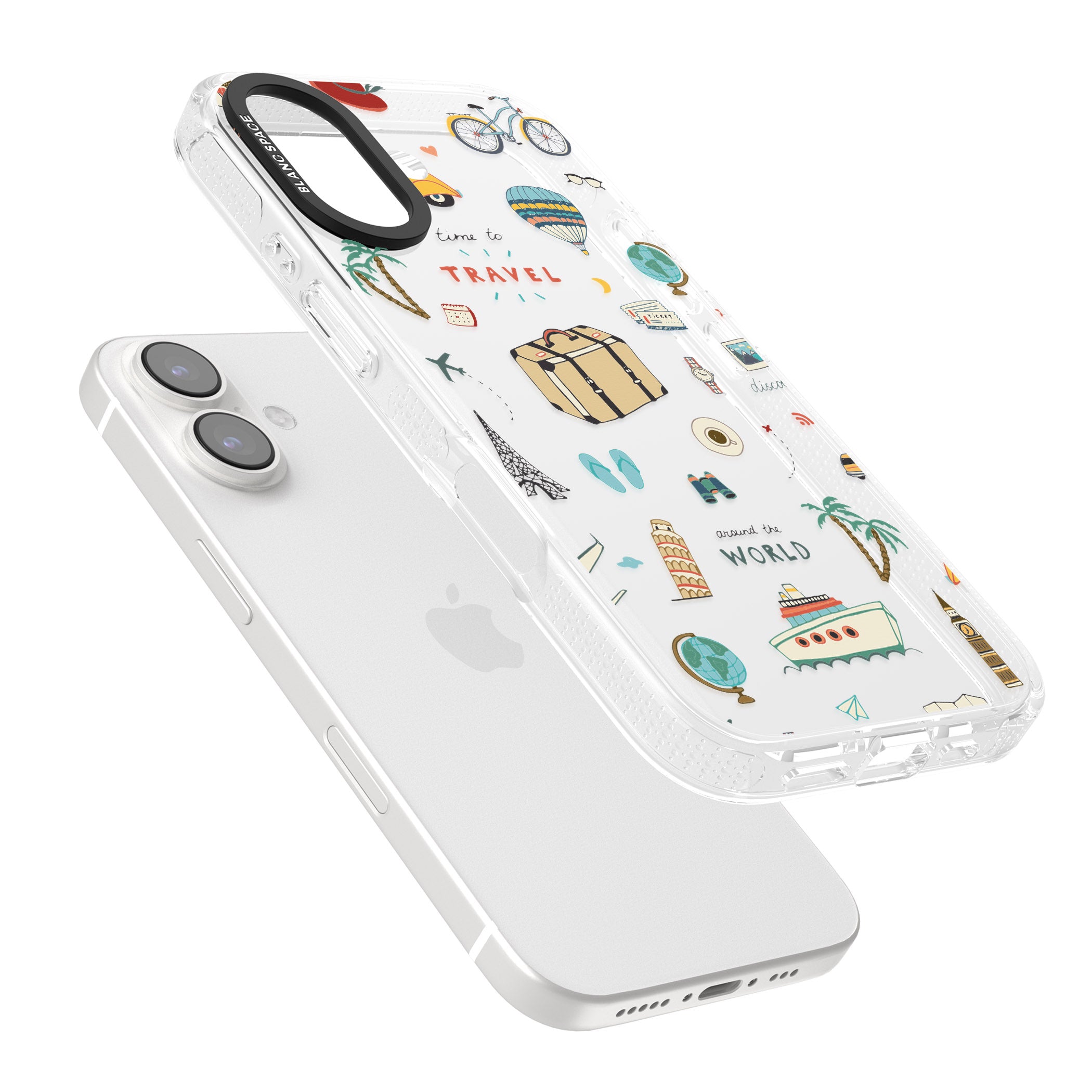 Cute Travel Pattern Transparent iPhone 16 / 16 Plus Clear Case Impact Air - Blanc Space