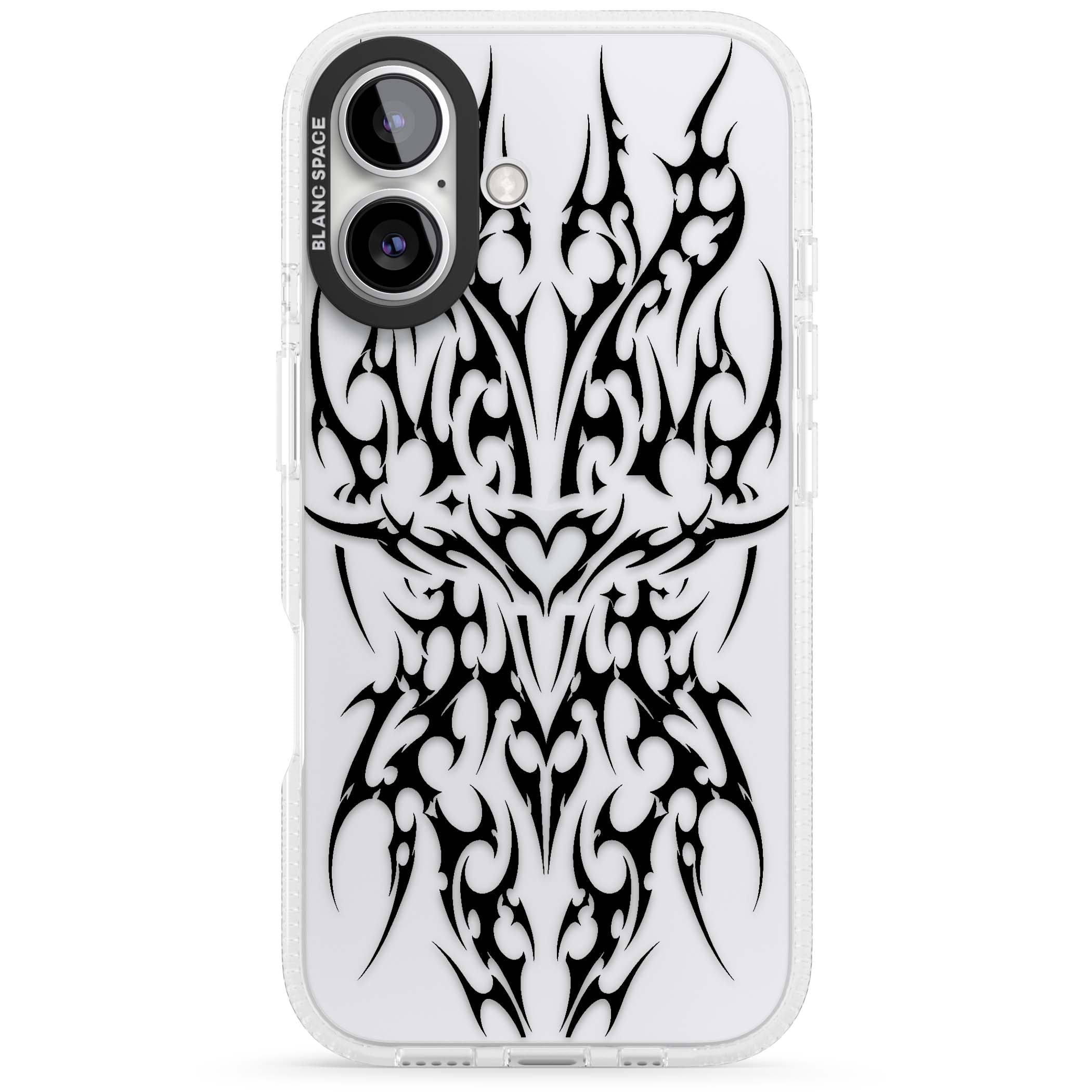 Neo Tribal Heart gothic iPhone case featuring symmetrical black tribal tattoo art with sharp thorn-like linework | Clear Case Impact Air case for iPhone 16, iPhone 16 Plus