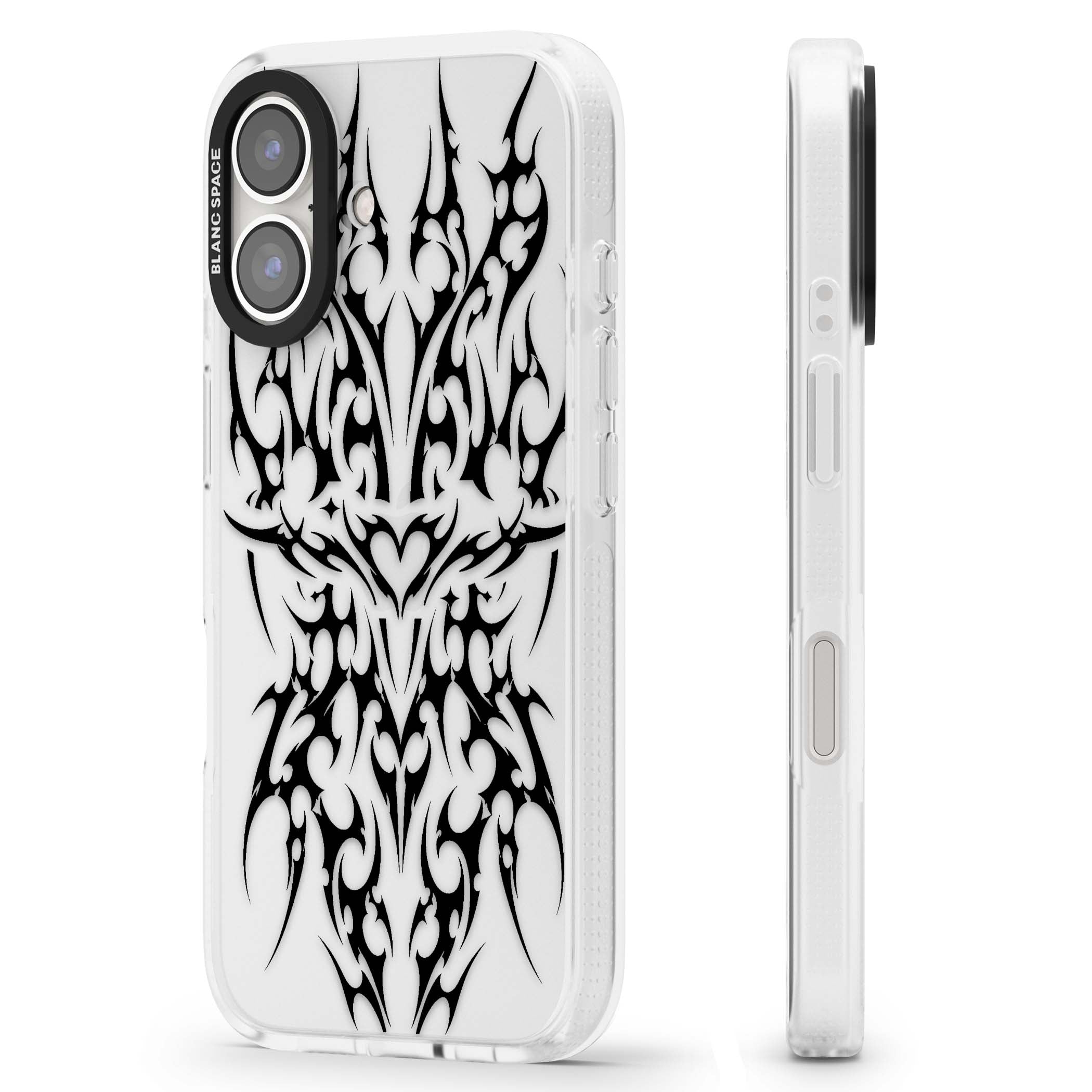 Neo Tribal Heart gothic iPhone case featuring symmetrical black tribal tattoo art with sharp thorn-like linework | Clear Case Impact Air case for iPhone 16, iPhone 16 Plus