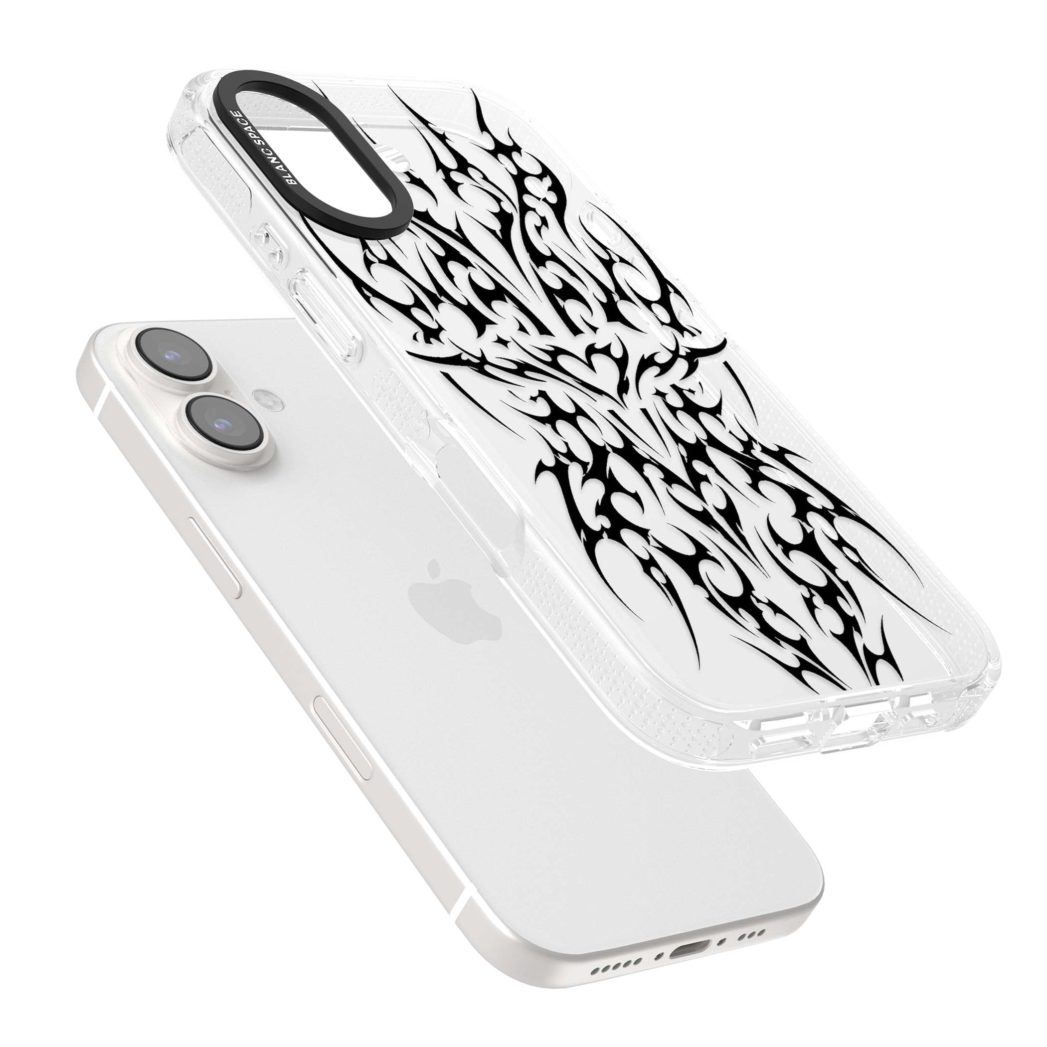 Neo Tribal Heart gothic iPhone case featuring symmetrical black tribal tattoo art with sharp thorn-like linework | Clear Case Impact Air case for iPhone 16, iPhone 16 Plus