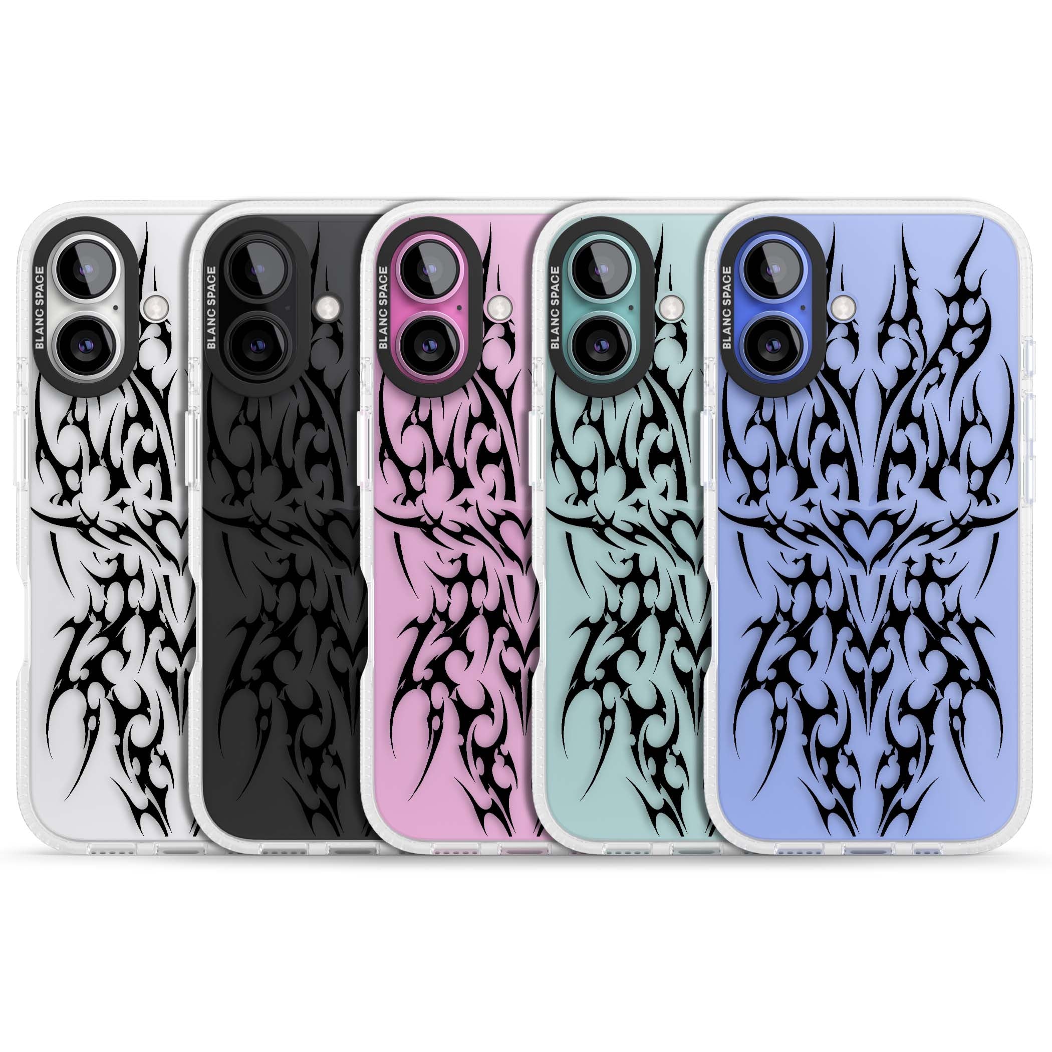 Neo Tribal Heart gothic iPhone case featuring symmetrical black tribal tattoo art with sharp thorn-like linework | Clear Case Impact Air case for iPhone 16, iPhone 16 Plus