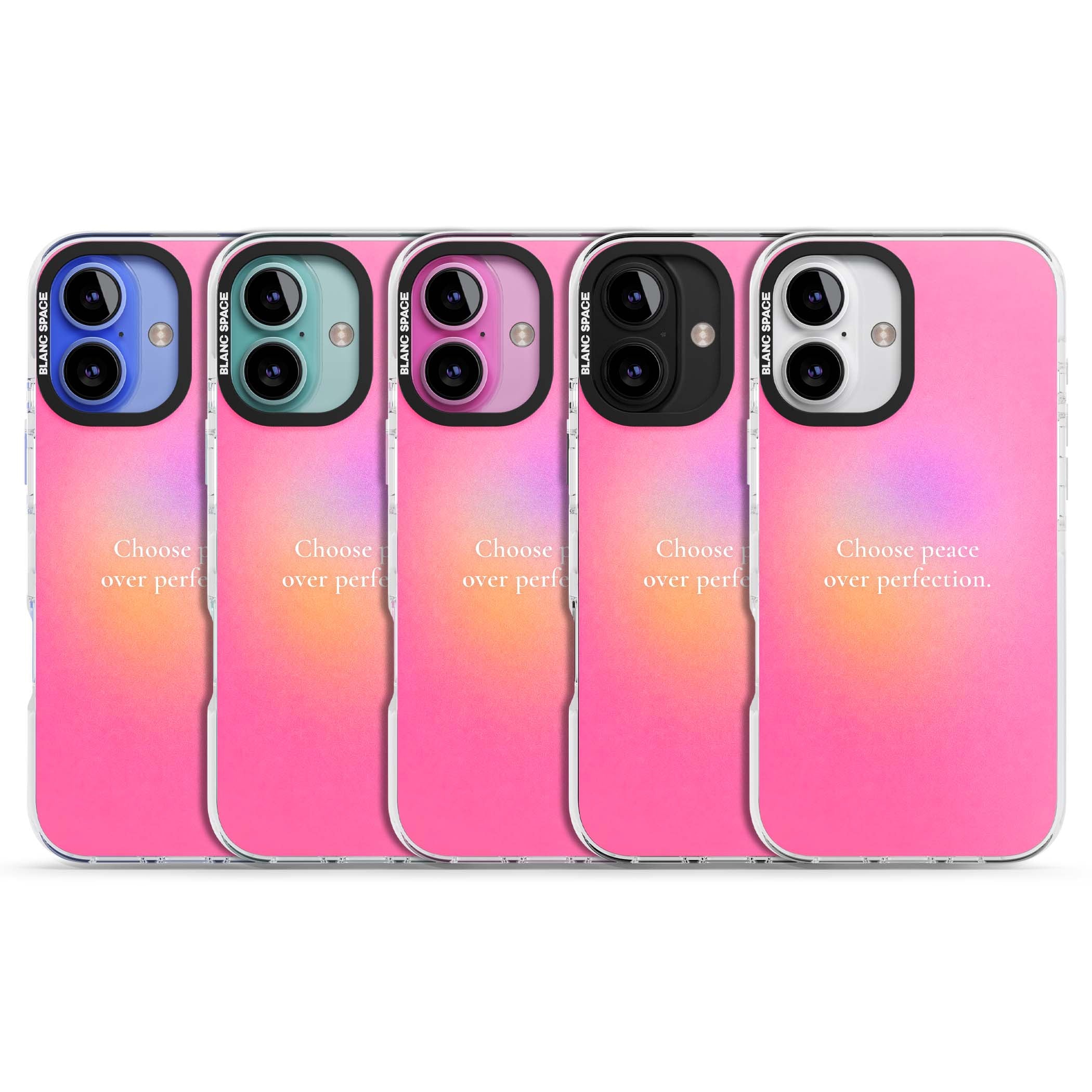 Peace Over Perfection quote iPhone case featuring a dreamy pink aura gradient and delicate white affirmation text | Clear Impact case for iPhone 16, iPhone 16 Plus