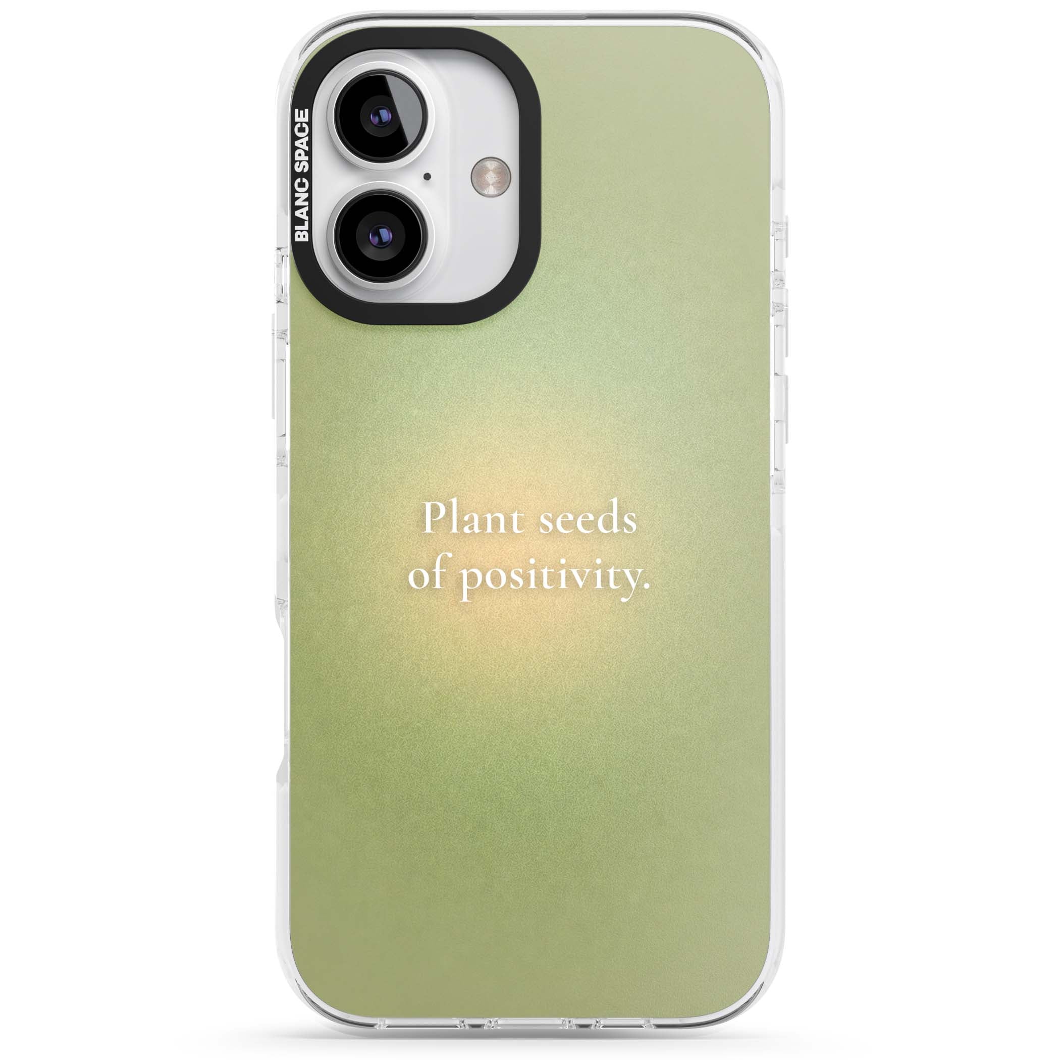 Seeds of Positivity quote iPhone case featuring a sage green aura gradient and golden glow affirmation | Clear Impact case for iPhone 16, iPhone 16 Plus