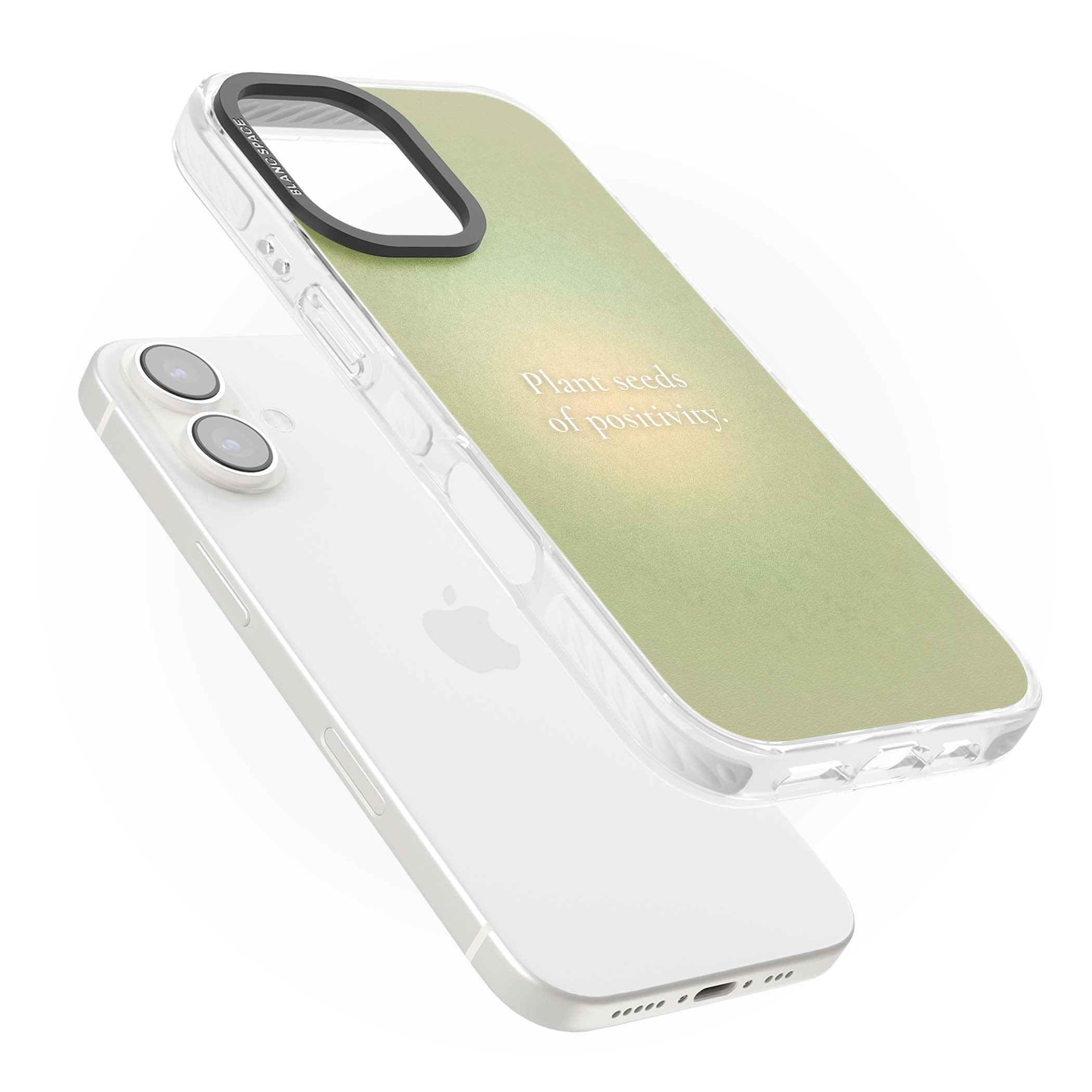 Seeds of Positivity quote iPhone case featuring a sage green aura gradient and golden glow affirmation | Clear Impact case for iPhone 16, iPhone 16 Plus