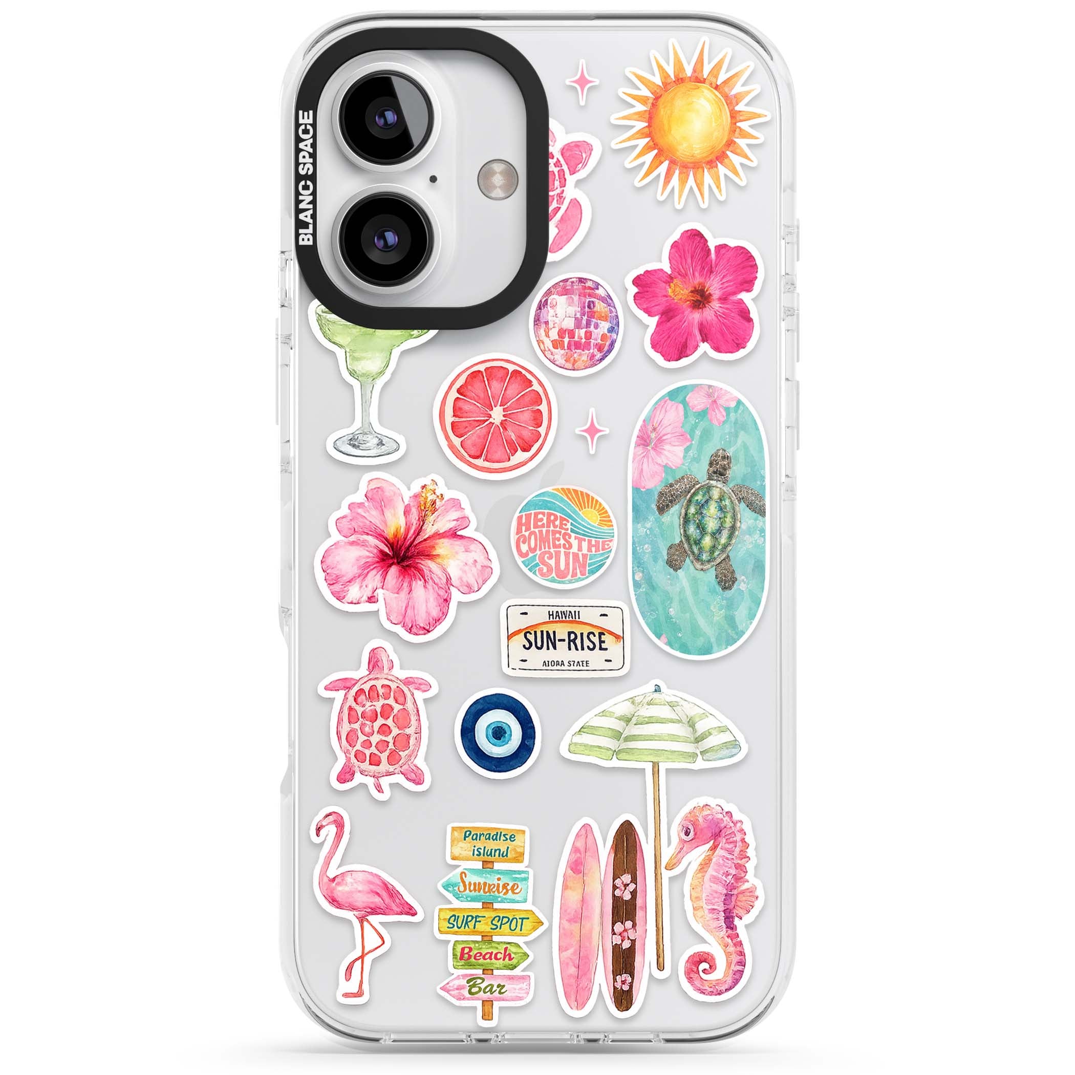 Aloha Sticker Mix tropical summer iPhone case featuring pink hibiscus, sea turtles, flamingo and beach umbrella stickers | Clear Impact case for iPhone 16, iPhone 16 Plus