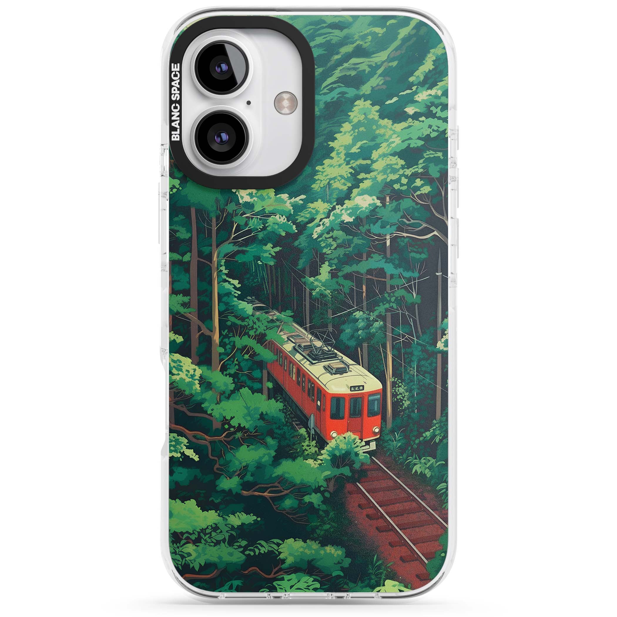 Railway In Toyama Japanese iPhone case featuring a red train, cedar forest and winding mountain railway tracks | Clear Impact case for iPhone 16, iPhone 16 Plus