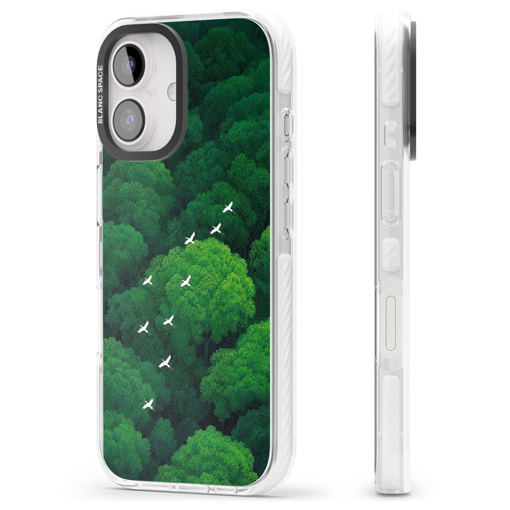 Grove Migration forest iPhone case featuring white cranes flying over lush green treetop canopy | Clear Impact case for iPhone 16, iPhone 16 Plus