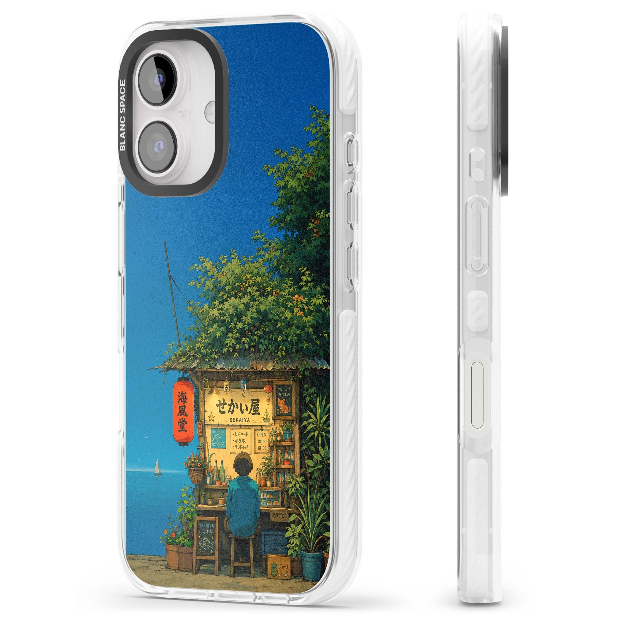 The Shirahama Kiosk anime iPhone case featuring a Japanese seaside shop, red paper lantern and ocean view | Clear Impact case for iPhone 16, iPhone 16 Plus