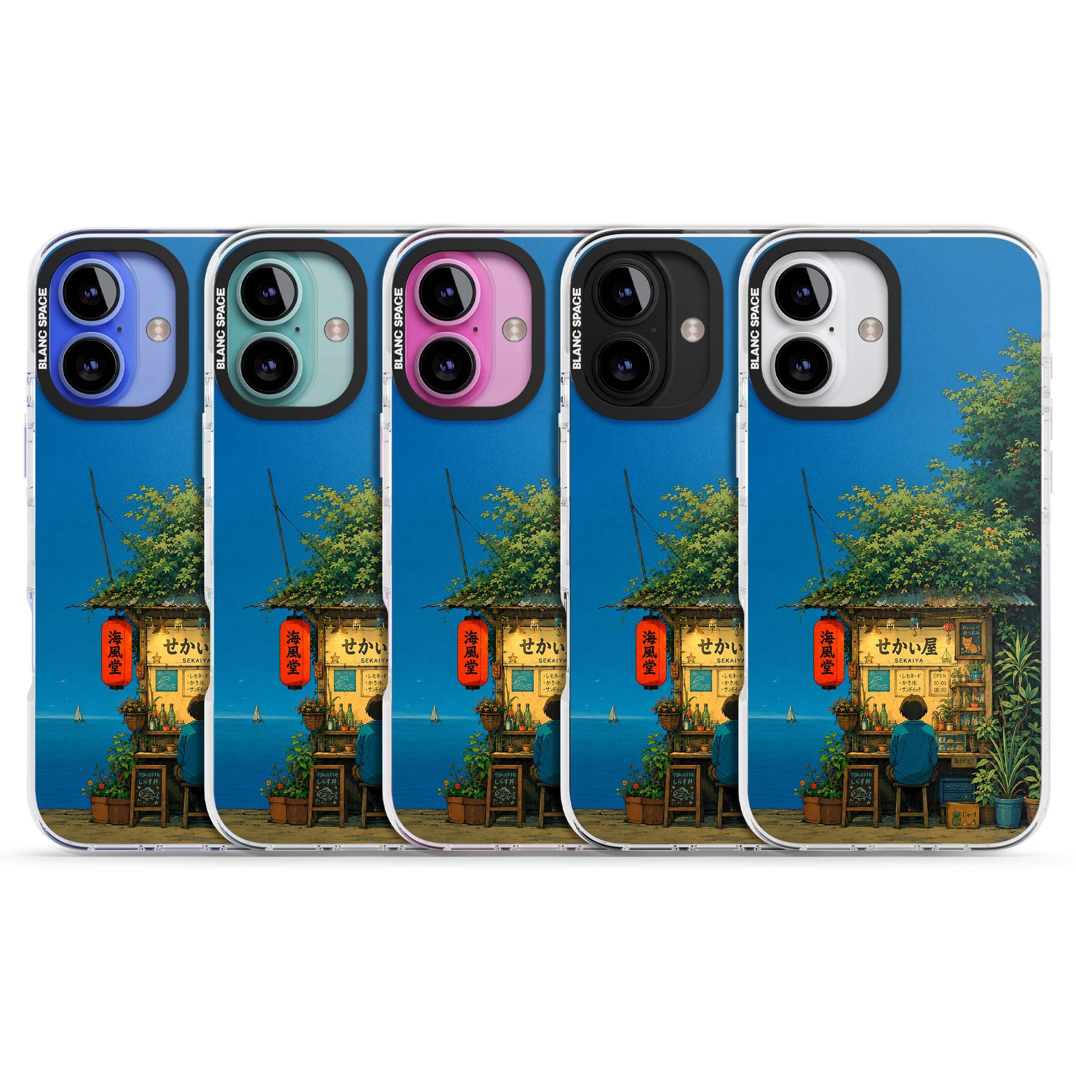 The Shirahama Kiosk anime iPhone case featuring a Japanese seaside shop, red paper lantern and ocean view | Clear Impact case for iPhone 16, iPhone 16 Plus