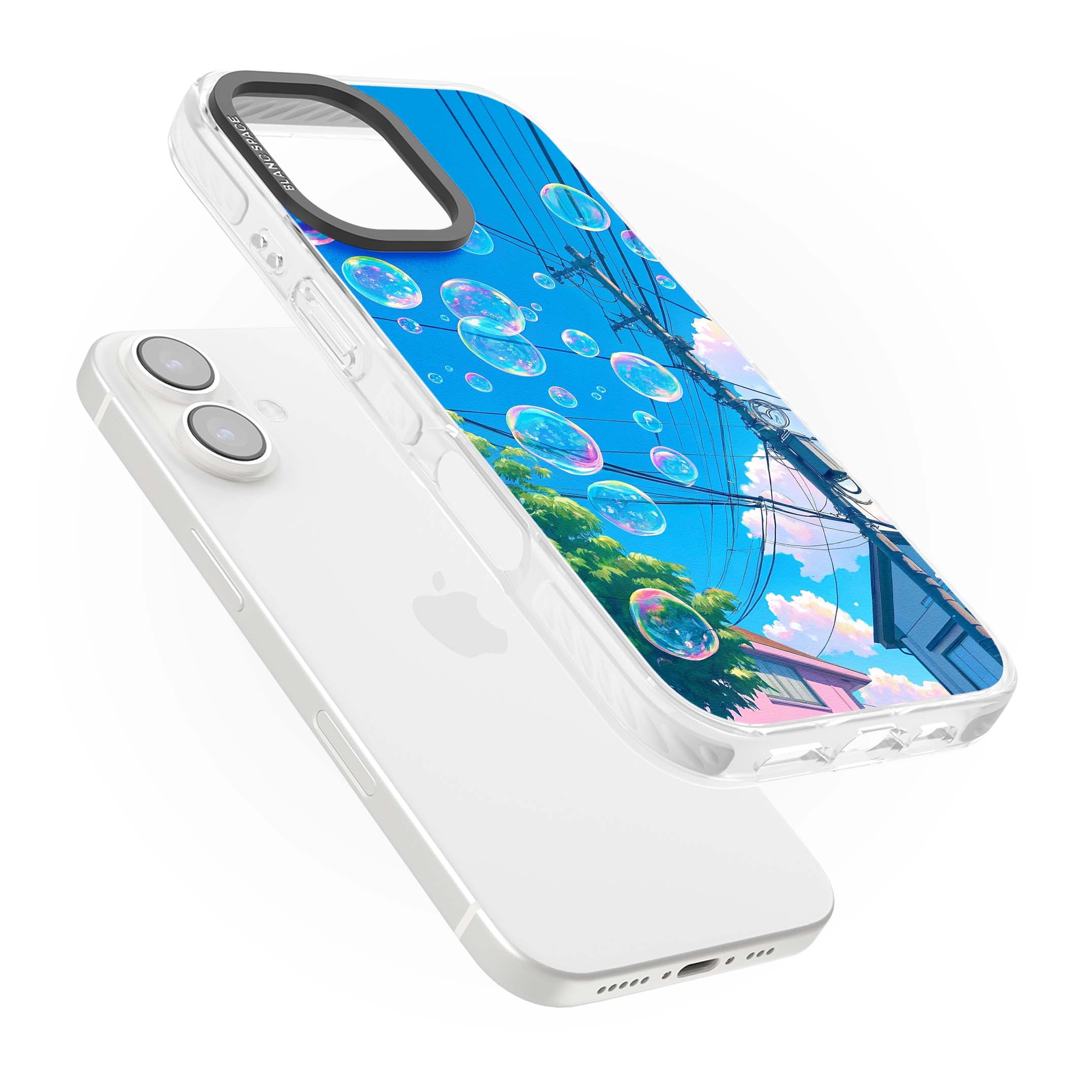 Suburban Bubbles anime iPhone case featuring iridescent soap bubbles, blue sky and Japanese telephone wires | Clear Impact case for iPhone 16, iPhone 16 Plus