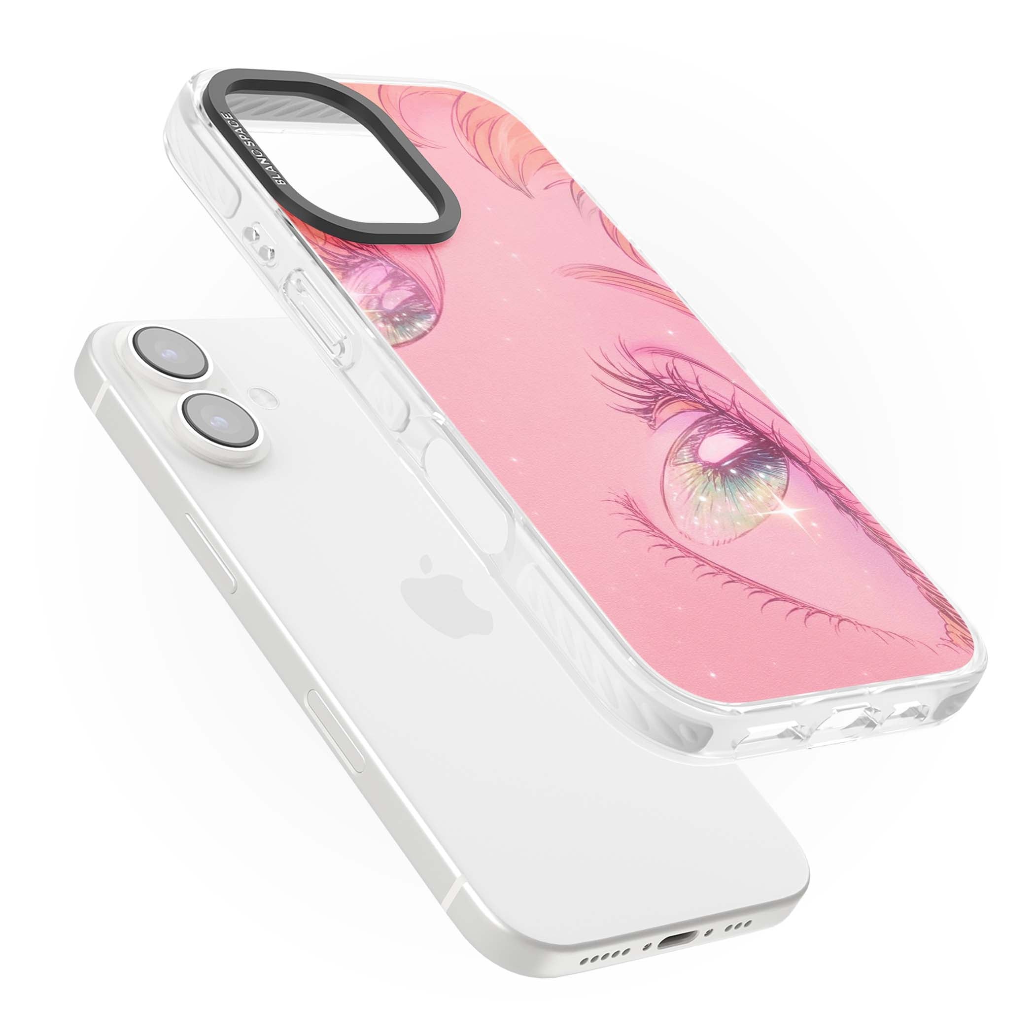 Pink Ethereal Gaze anime iPhone case featuring sparkling manga eyes, coral lashes and dreamy peach sky | Clear Impact case for iPhone 16, iPhone 16 Plus
