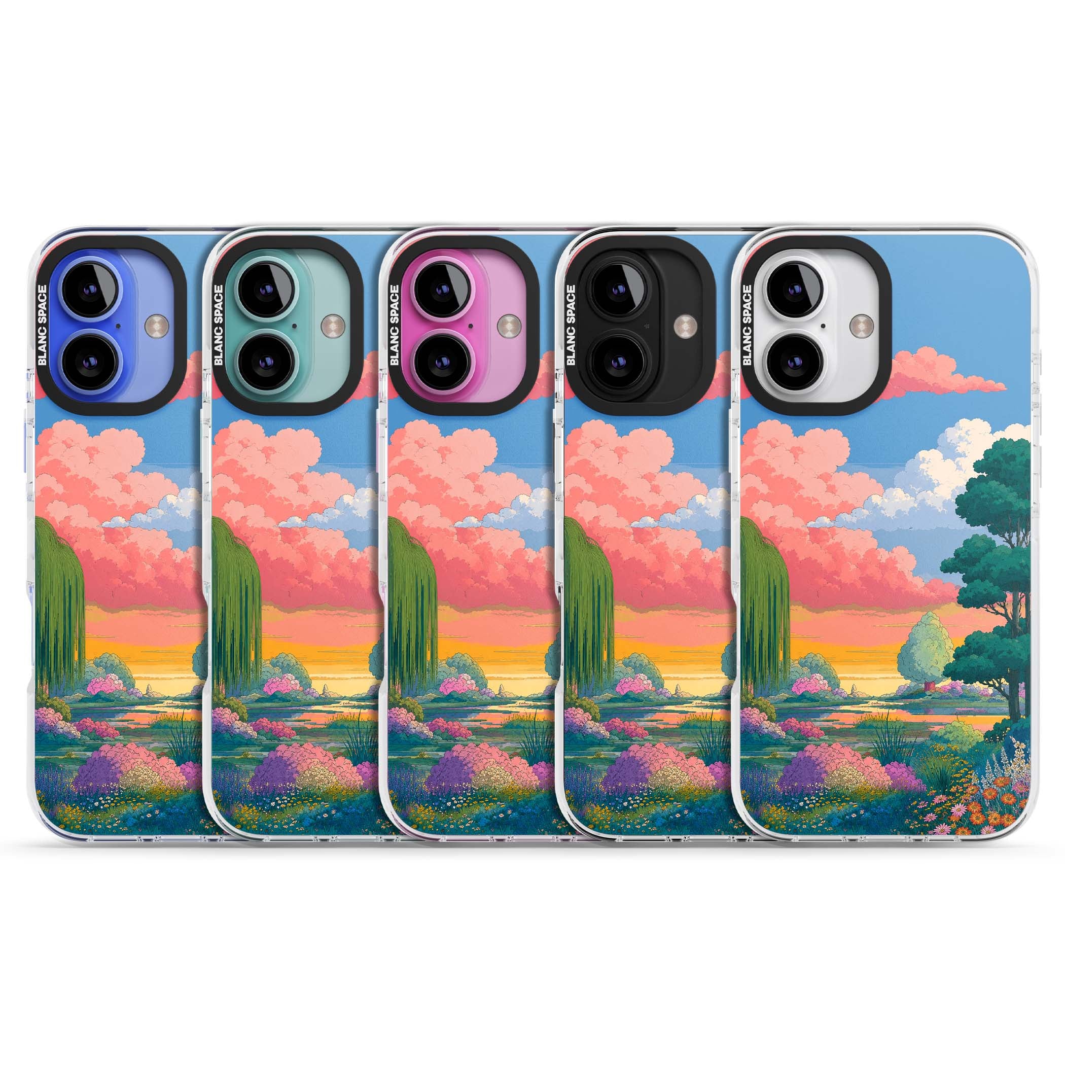 Dream Valley anime landscape iPhone case featuring pink sunset clouds, willow trees and wildflowers | Clear Impact case for iPhone 16, iPhone 16 Plus