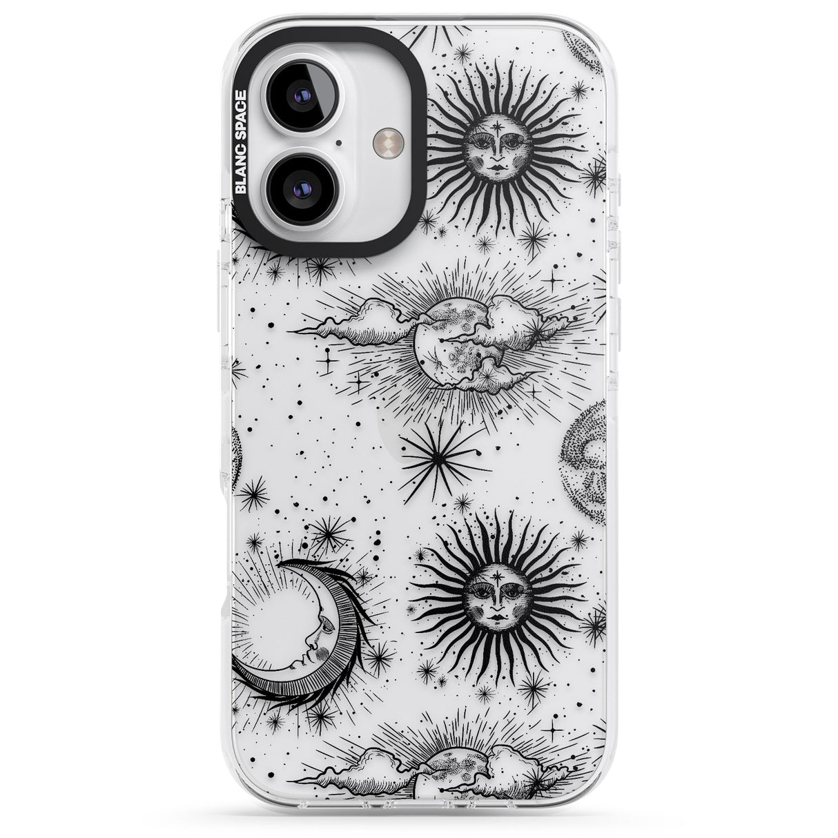 iPhone 16 Pro Max Transparent Suns, Moons & Clouds Black Impact Phone Case