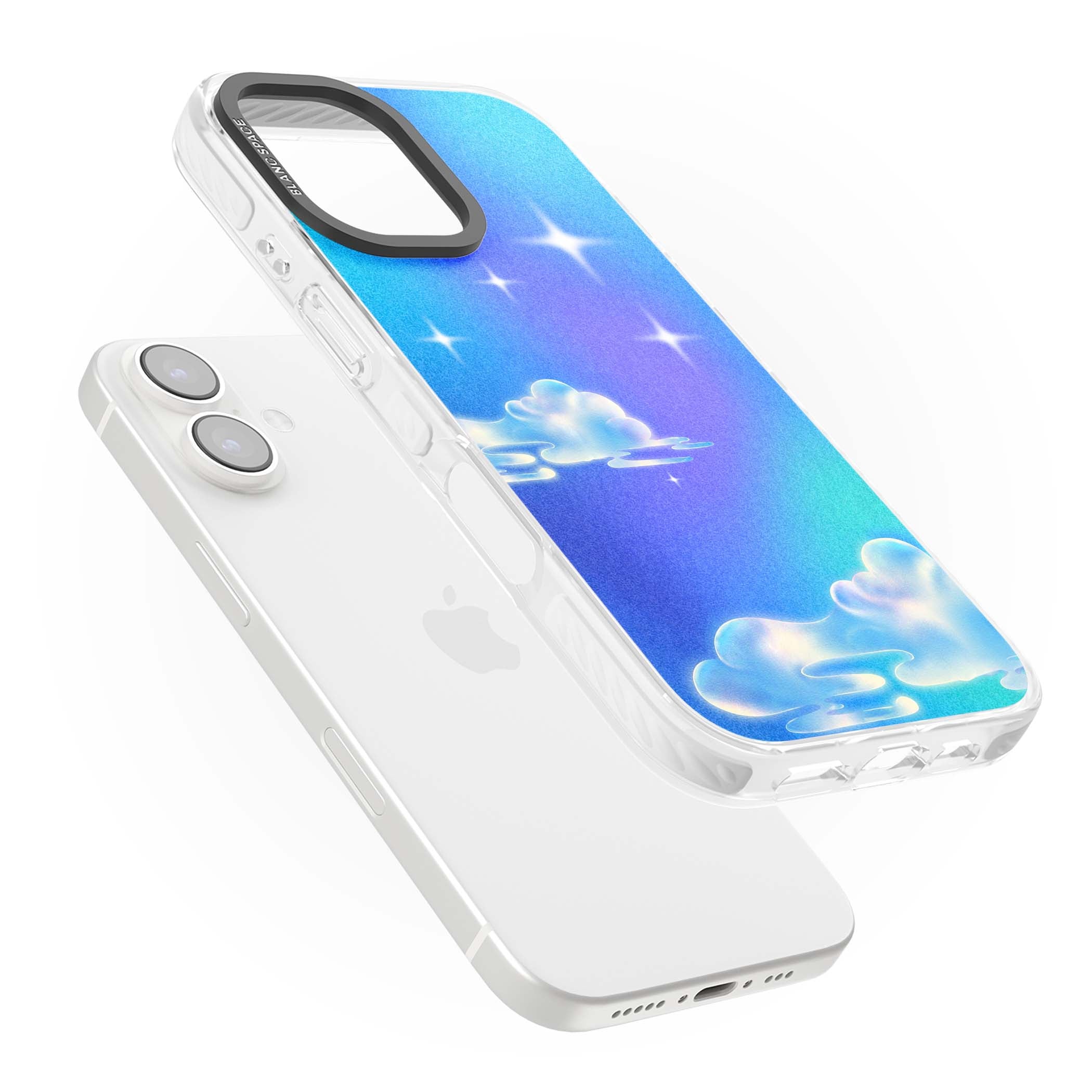 Aurora celestial iPhone case featuring dreamy iridescent clouds, sparkling stars and pastel blue purple sky | Clear Impact case for iPhone 16, iPhone 16 Plus