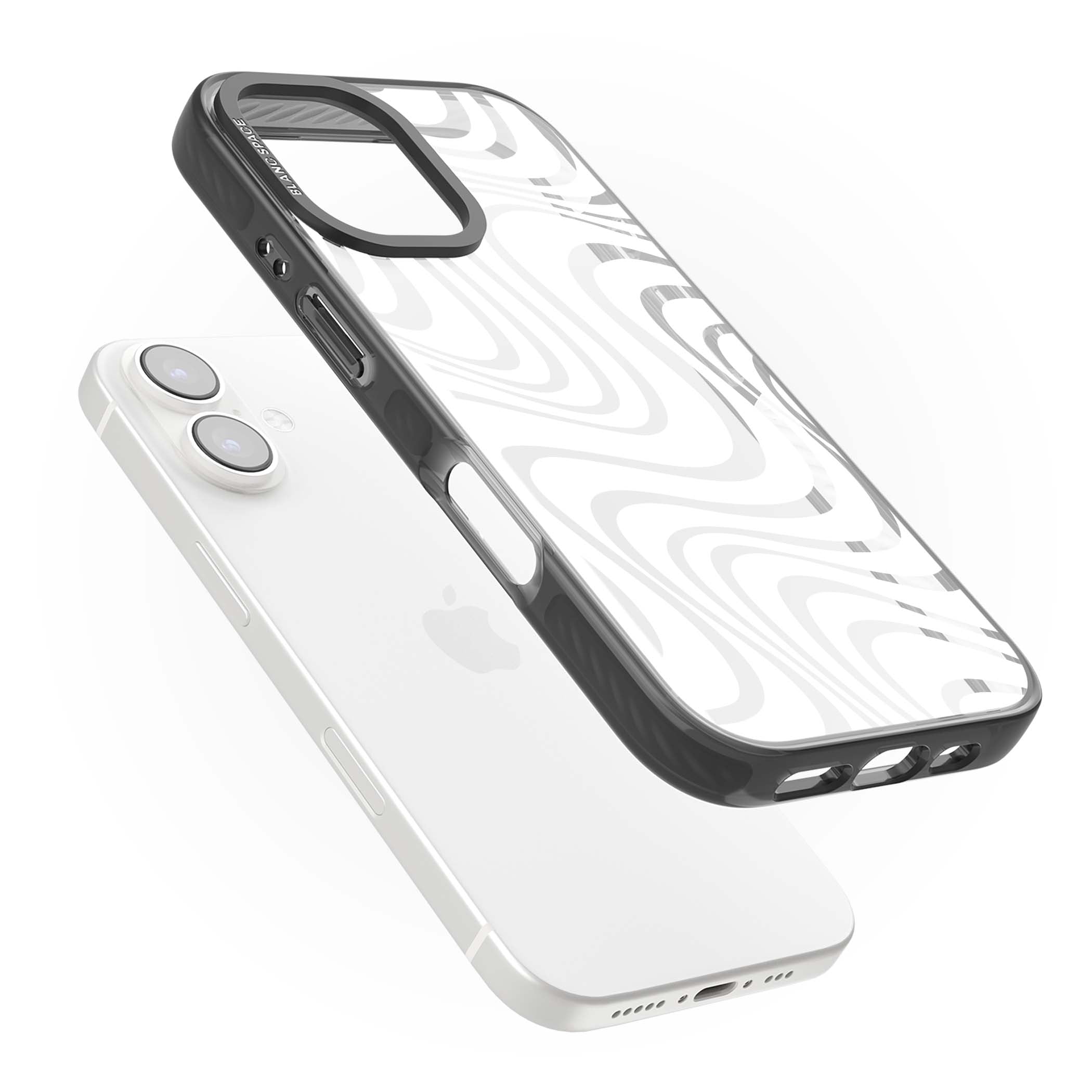 White Abstract Waves abstract iPhone case featuring flowing grey wave pattern on clear background | Black Impact case for iPhone 16, iPhone 16 Plus