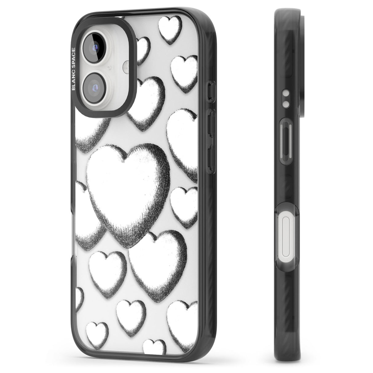 Hand-Drawn Hearts Black Impact Phone Case for iPhone 16, iPhone 16 Plus