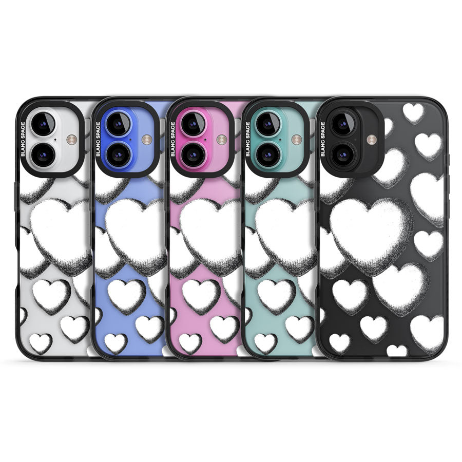 Hand-Drawn Hearts Black Impact Phone Case for iPhone 16, iPhone 16 Plus