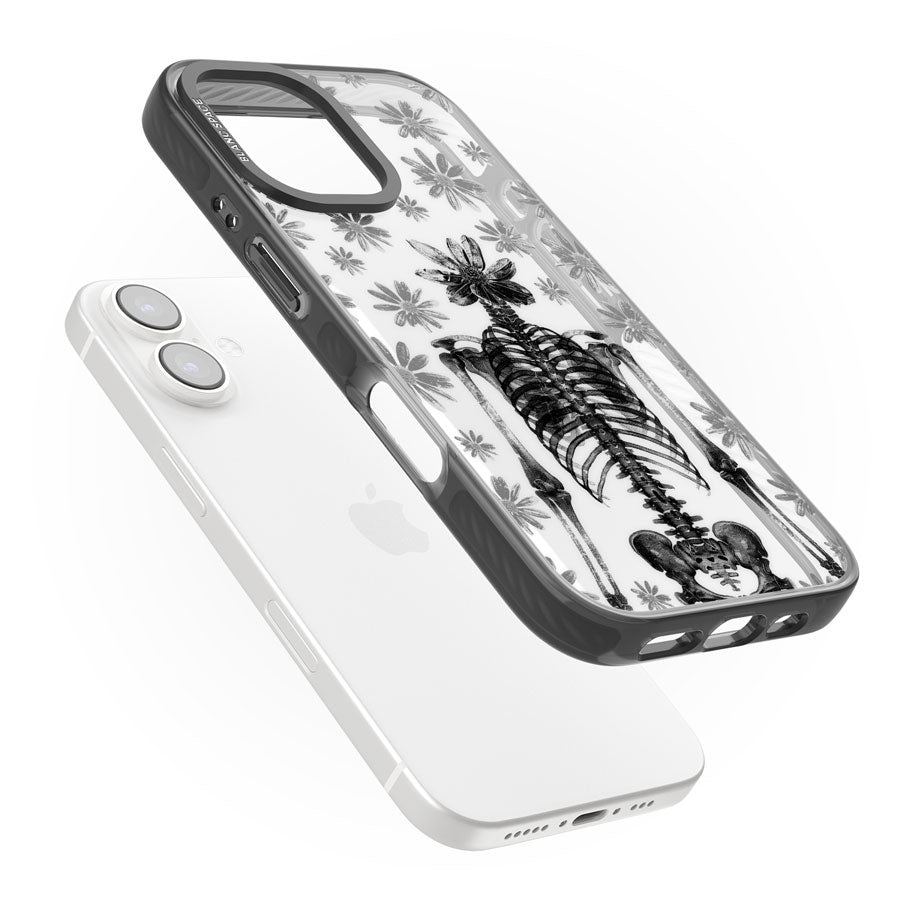 Skeleton Flower Black Impact Phone Case for iPhone 16, iPhone 16 Plus