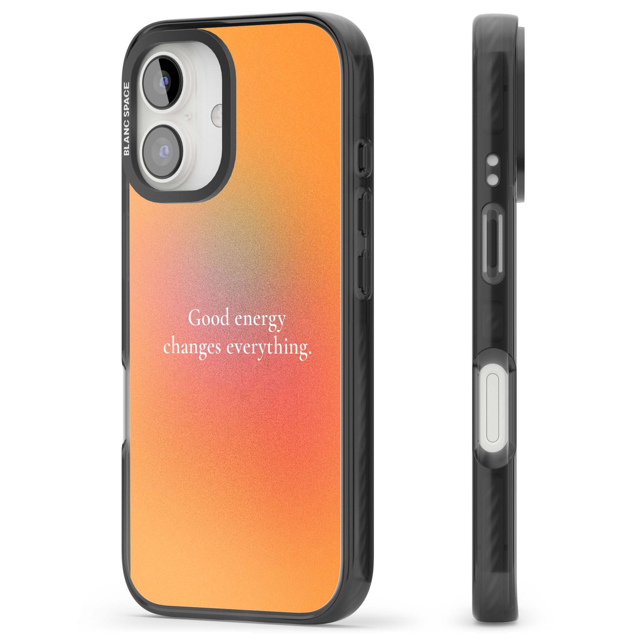 Good Energy quote iPhone case featuring an orange and pink aura gradient with white serif affirmation text | Black Impact case for iPhone 16, iPhone 16 Plus