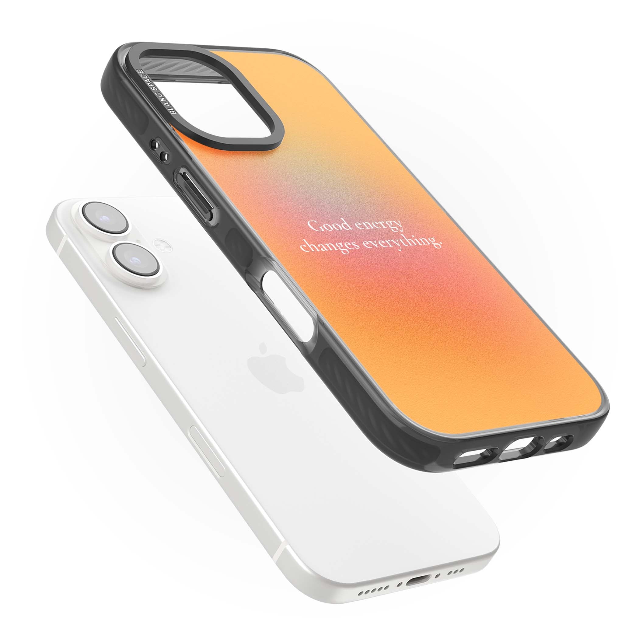 Good Energy quote iPhone case featuring an orange and pink aura gradient with white serif affirmation text | Black Impact case for iPhone 16, iPhone 16 Plus