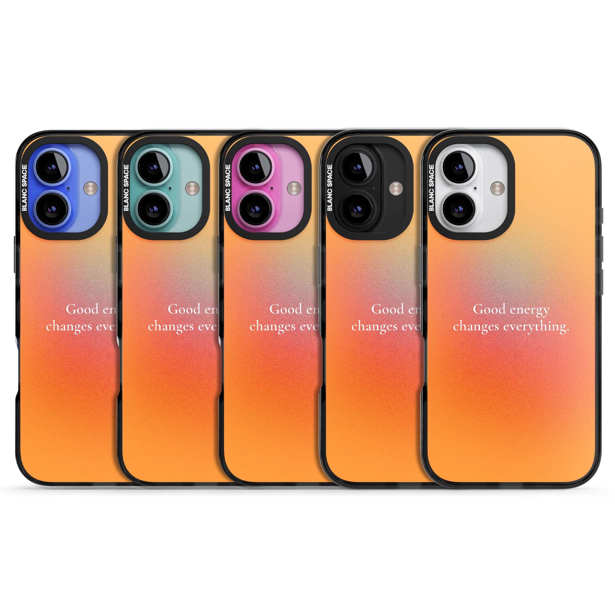Good Energy quote iPhone case featuring an orange and pink aura gradient with white serif affirmation text | Black Impact case for iPhone 16, iPhone 16 Plus