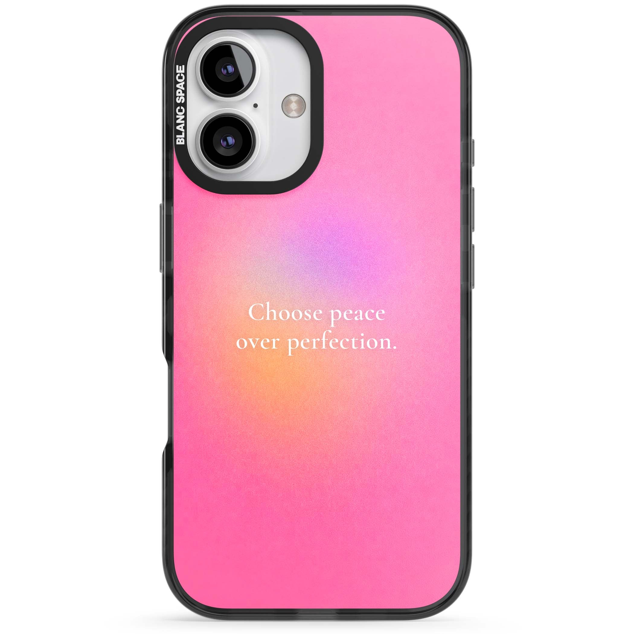Peace Over Perfection quote iPhone case featuring a dreamy pink aura gradient and delicate white affirmation text | Black Impact case for iPhone 16, iPhone 16 Plus