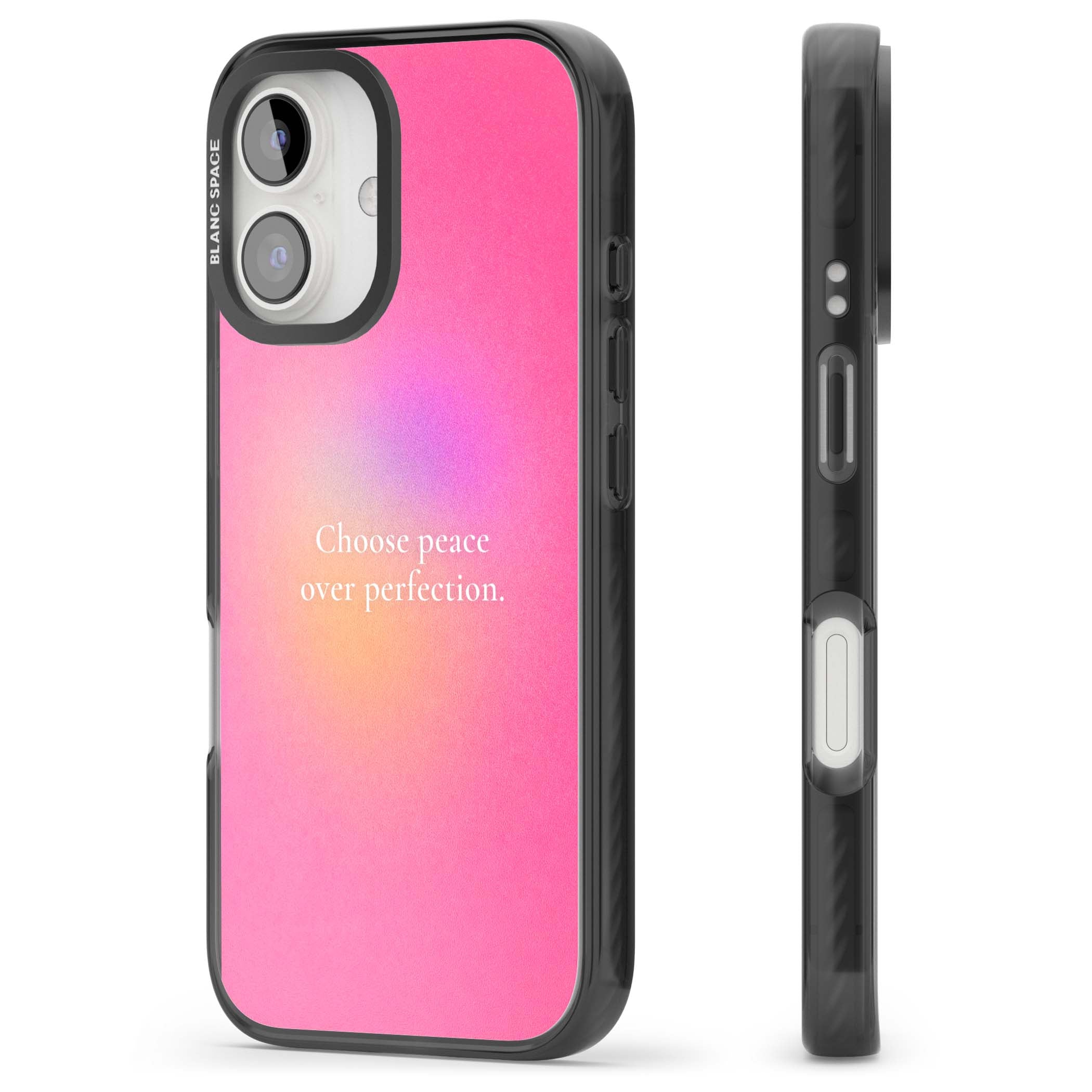 Peace Over Perfection quote iPhone case featuring a dreamy pink aura gradient and delicate white affirmation text | Black Impact case for iPhone 16, iPhone 16 Plus