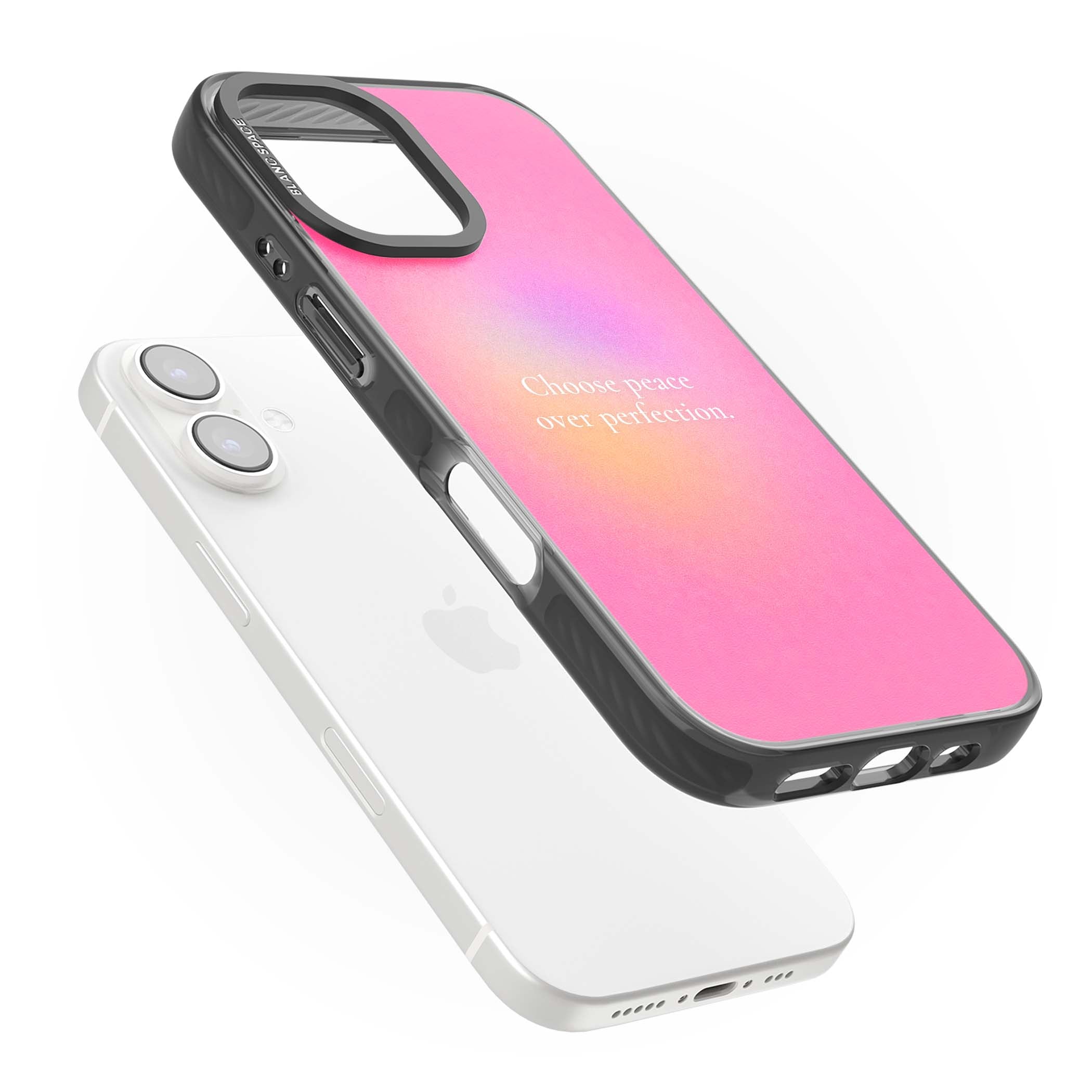 Peace Over Perfection quote iPhone case featuring a dreamy pink aura gradient and delicate white affirmation text | Black Impact case for iPhone 16, iPhone 16 Plus