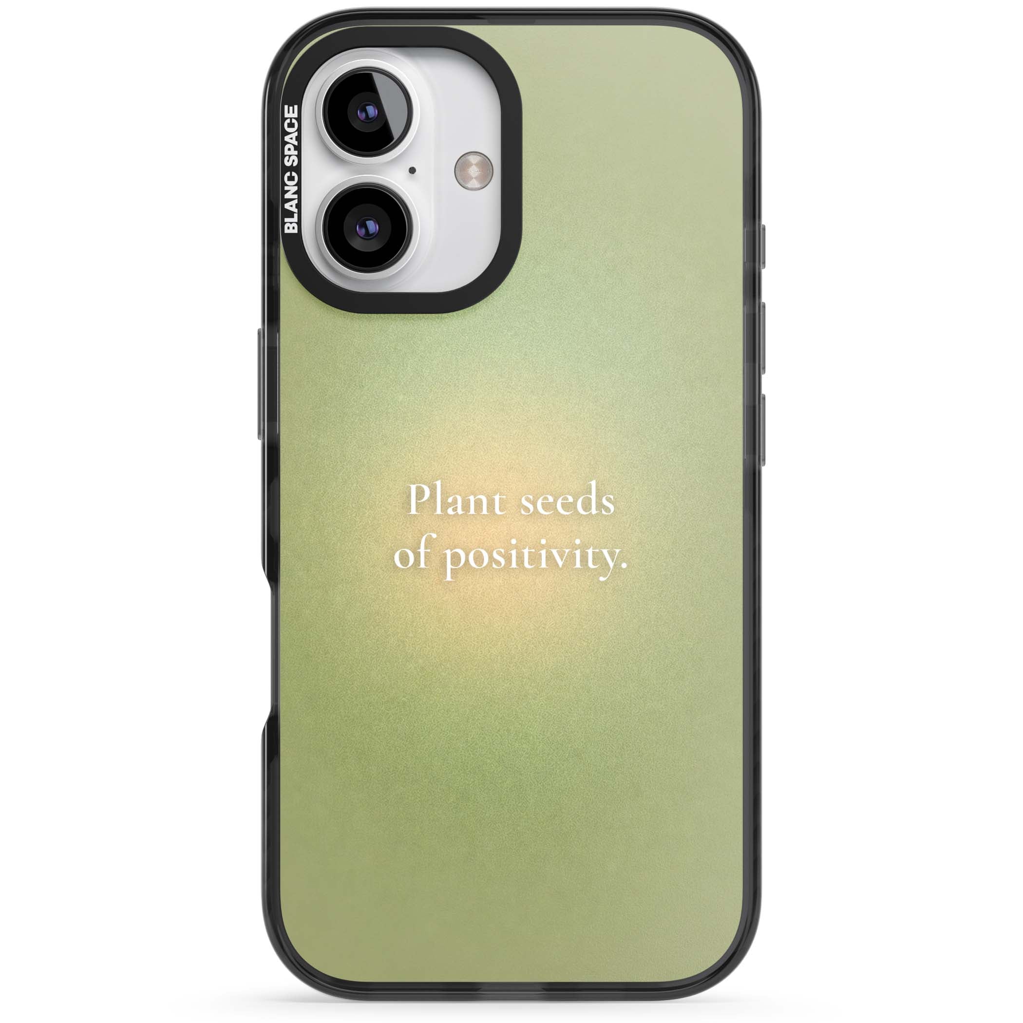 Seeds of Positivity quote iPhone case featuring a sage green aura gradient and golden glow affirmation | Black Impact case for iPhone 16, iPhone 16 Plus
