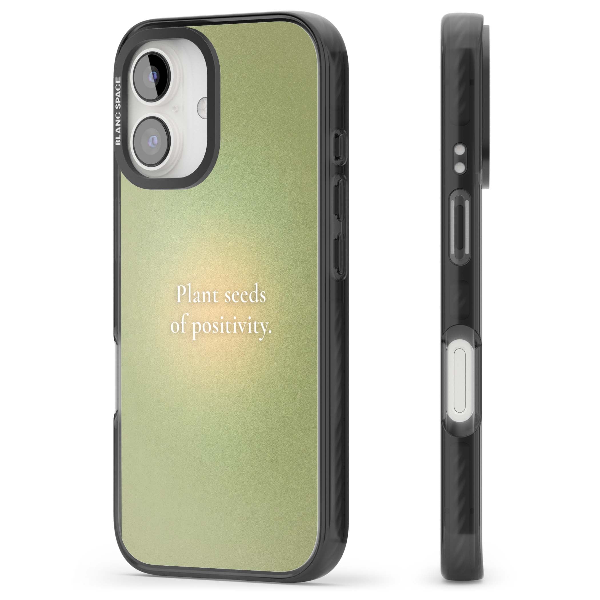 Seeds of Positivity quote iPhone case featuring a sage green aura gradient and golden glow affirmation | Black Impact case for iPhone 16, iPhone 16 Plus
