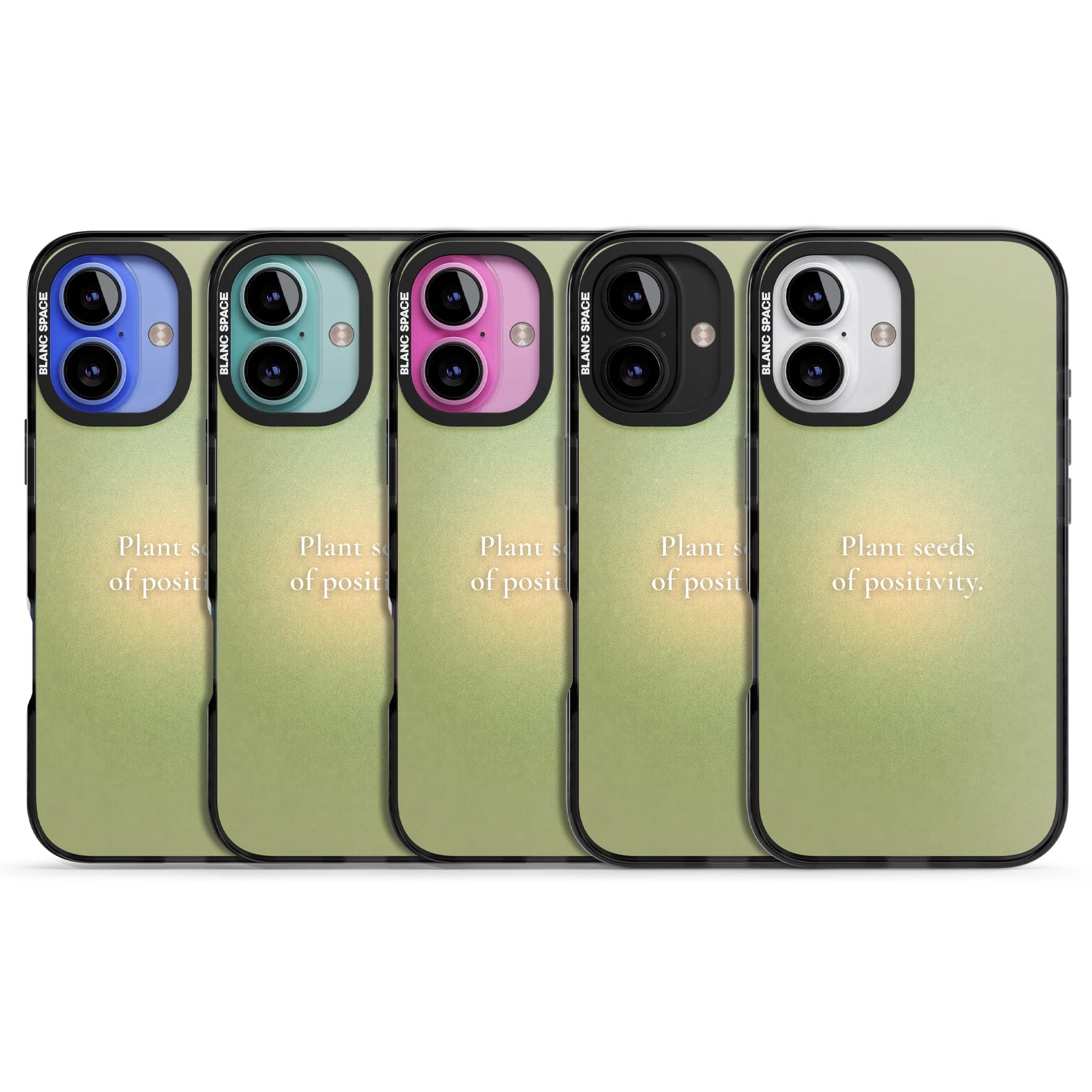 Seeds of Positivity quote iPhone case featuring a sage green aura gradient and golden glow affirmation | Black Impact case for iPhone 16, iPhone 16 Plus