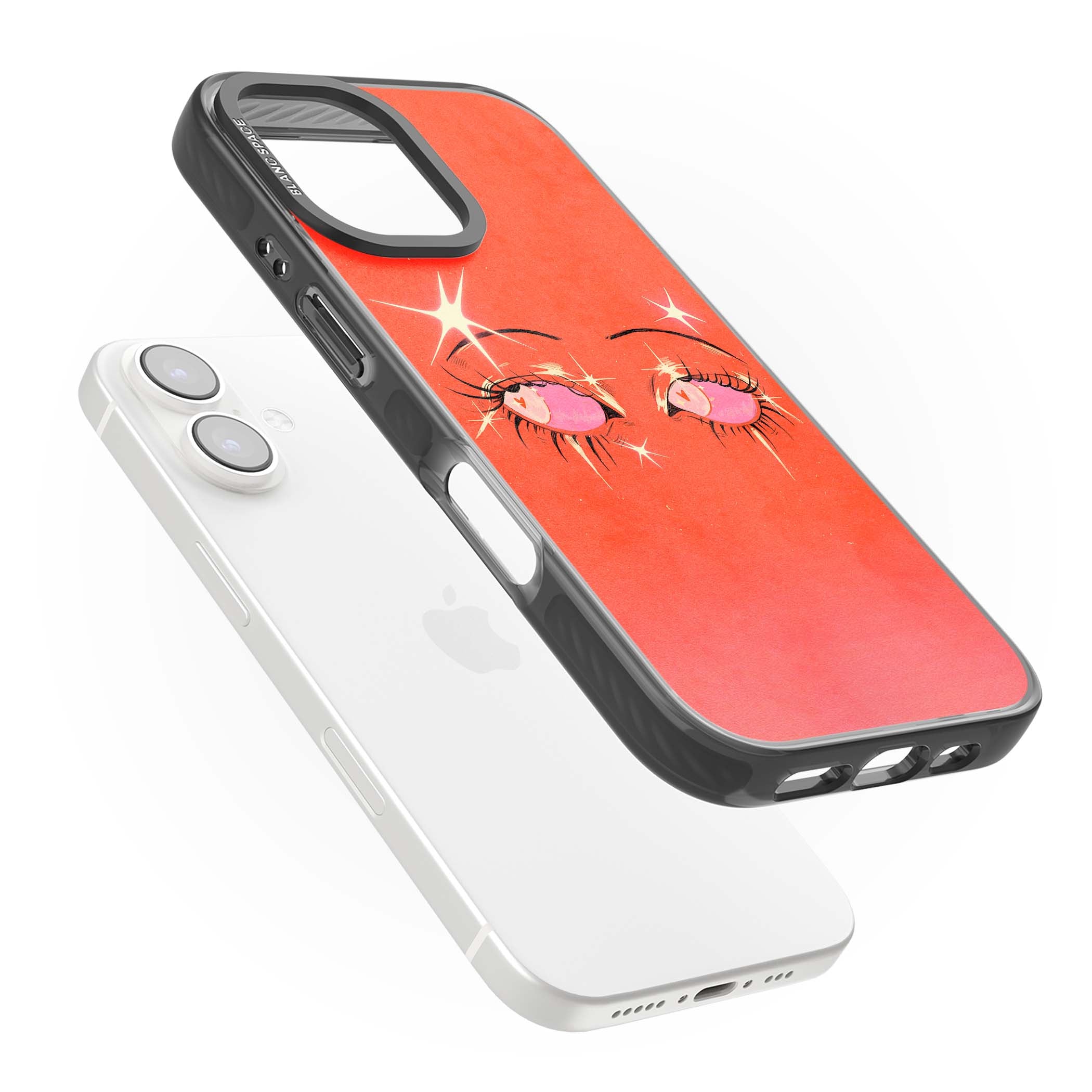 Pink Ethereal Eyes anime iPhone case featuring hand-drawn sparkly eyes with pink hearts and gold stars on red | Black Impact case for iPhone 16, iPhone 16 Plus