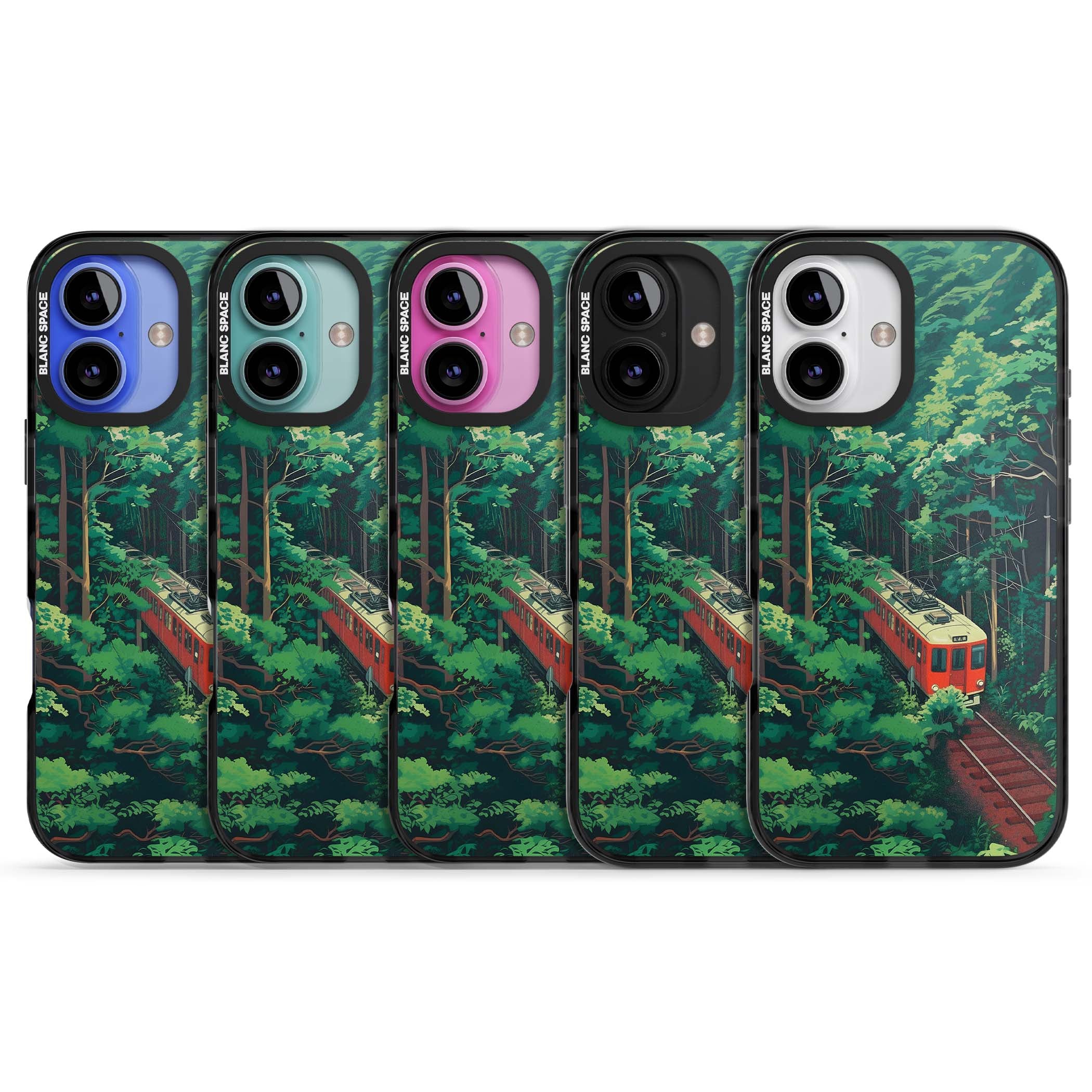 Railway In Toyama Japanese iPhone case featuring a red train, cedar forest and winding mountain railway tracks | Black Impact case for iPhone 16, iPhone 16 Plus