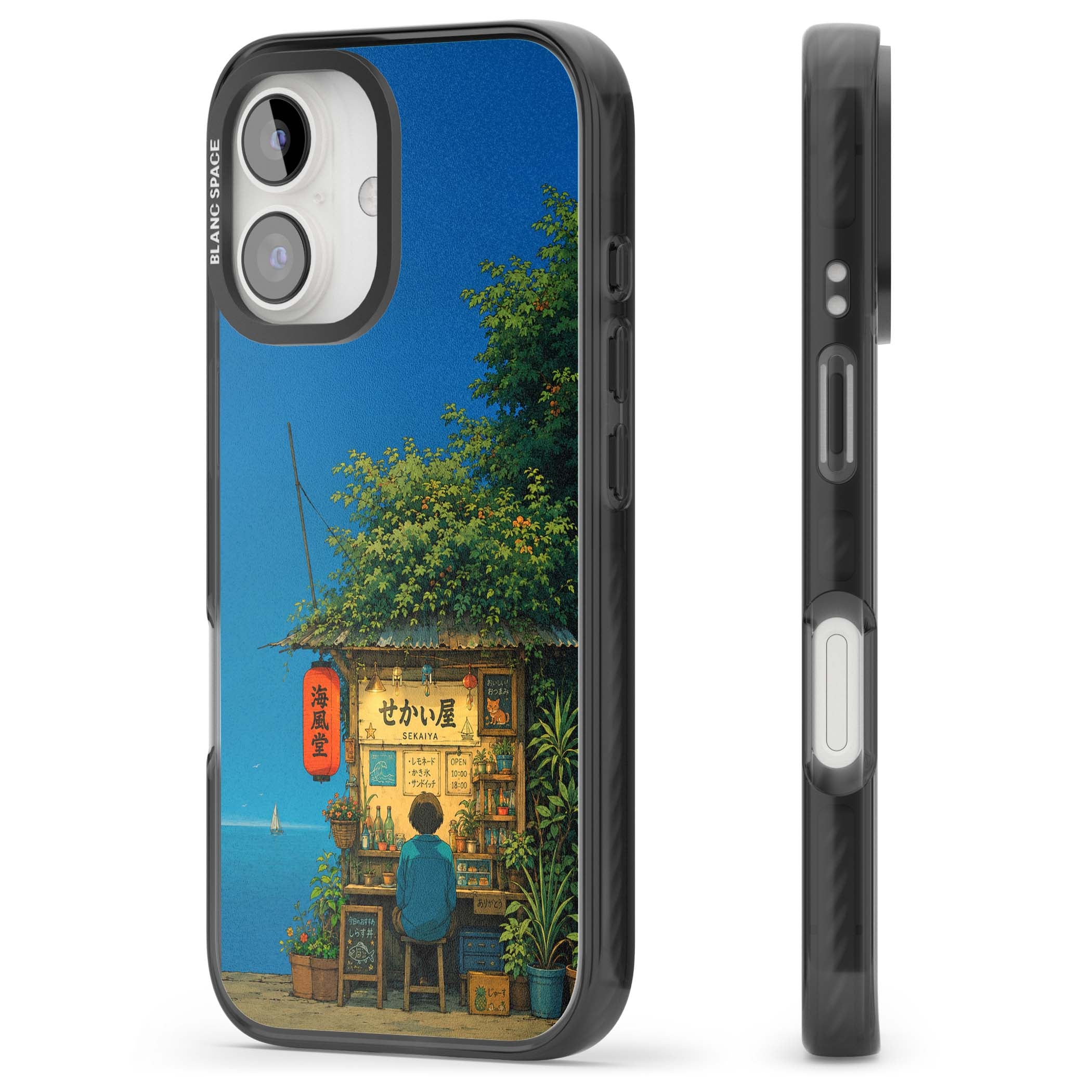 The Shirahama Kiosk anime iPhone case featuring a Japanese seaside shop, red paper lantern and ocean view | Black Impact case for iPhone 16, iPhone 16 Plus