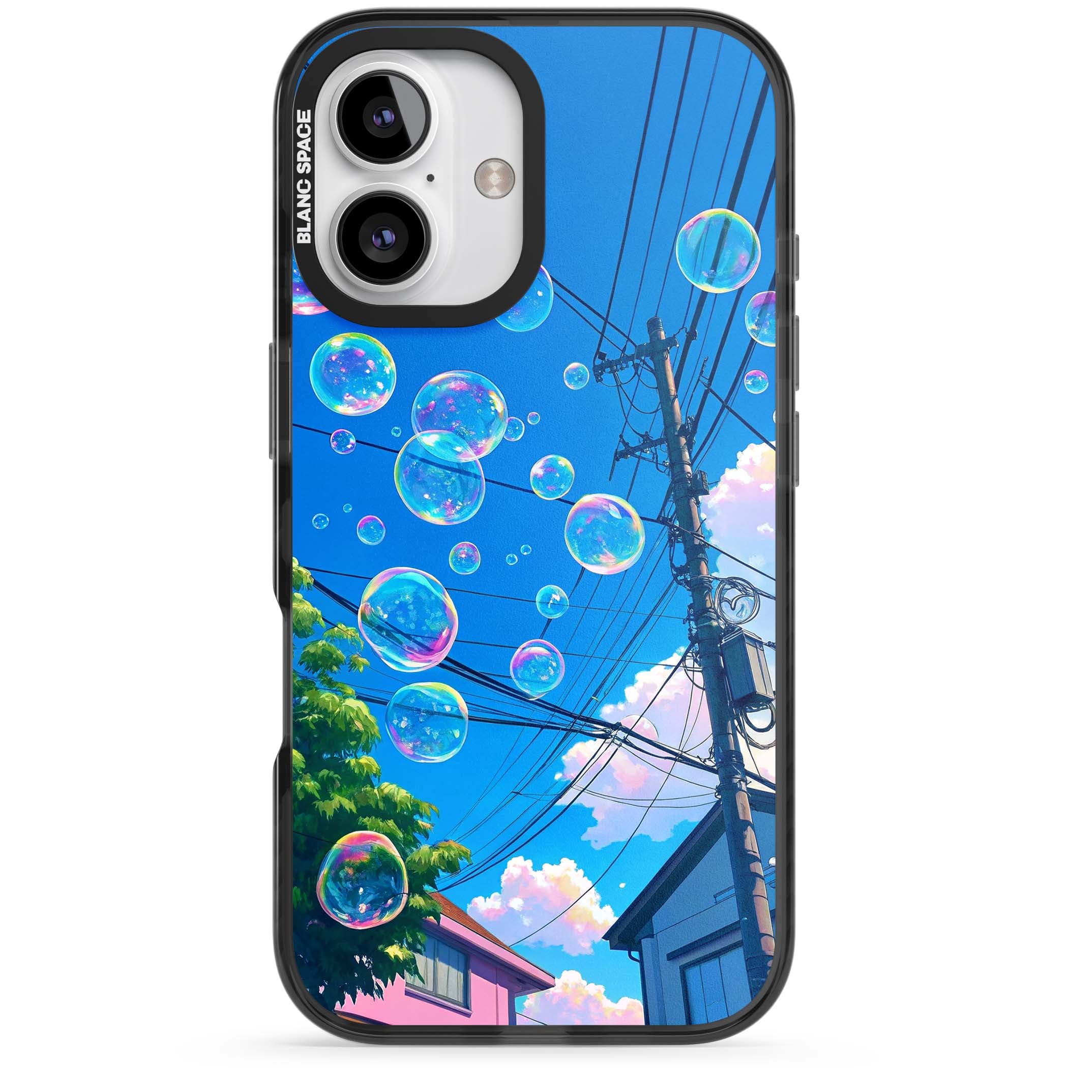 Suburban Bubbles anime iPhone case featuring iridescent soap bubbles, blue sky and Japanese telephone wires | Black Impact case for iPhone 16, iPhone 16 Plus