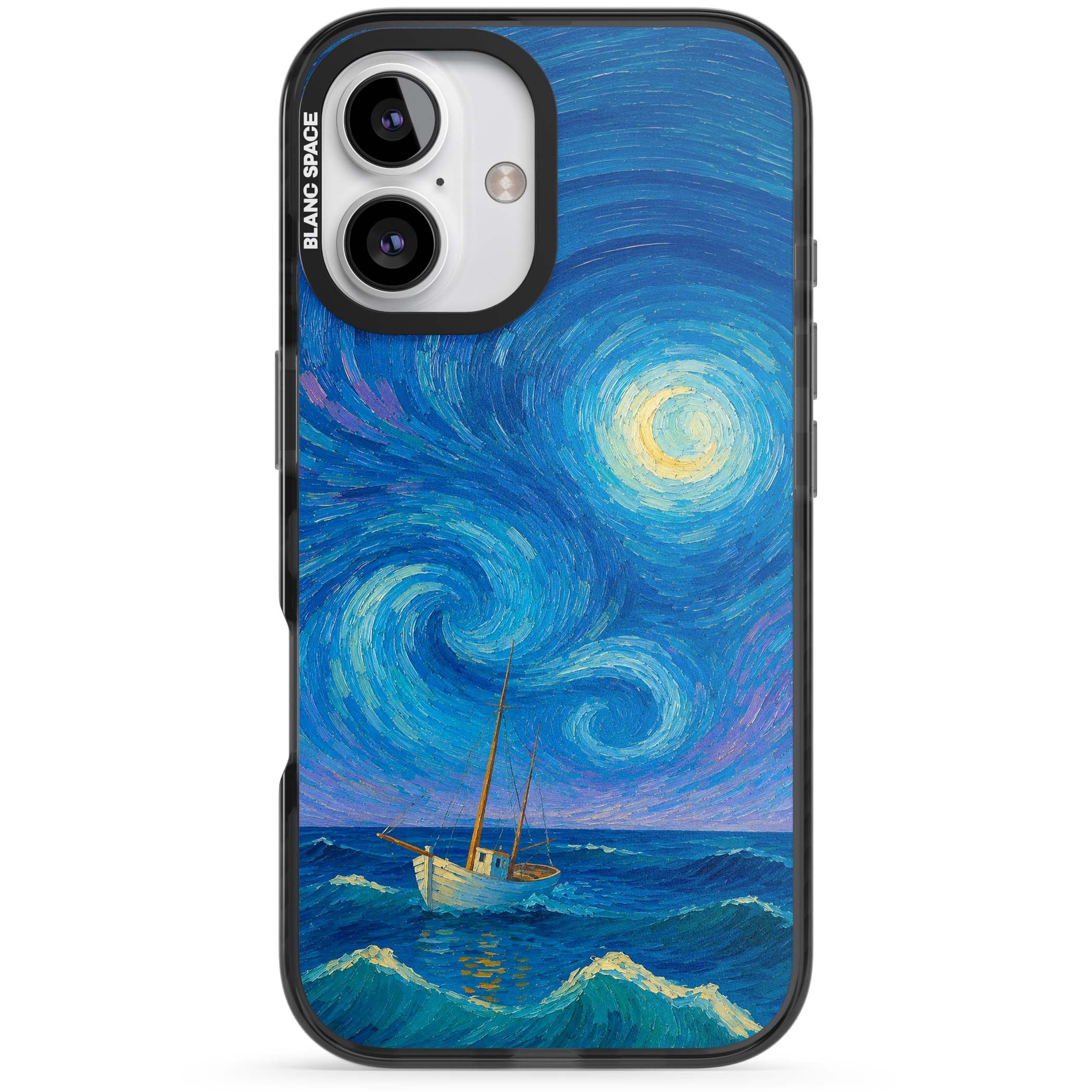 Moonlit Tide Van Gogh art iPhone case featuring swirling starry night sky, glowing moon and lone sailing boat at sea | Black Impact case for iPhone 16, iPhone 16 Plus