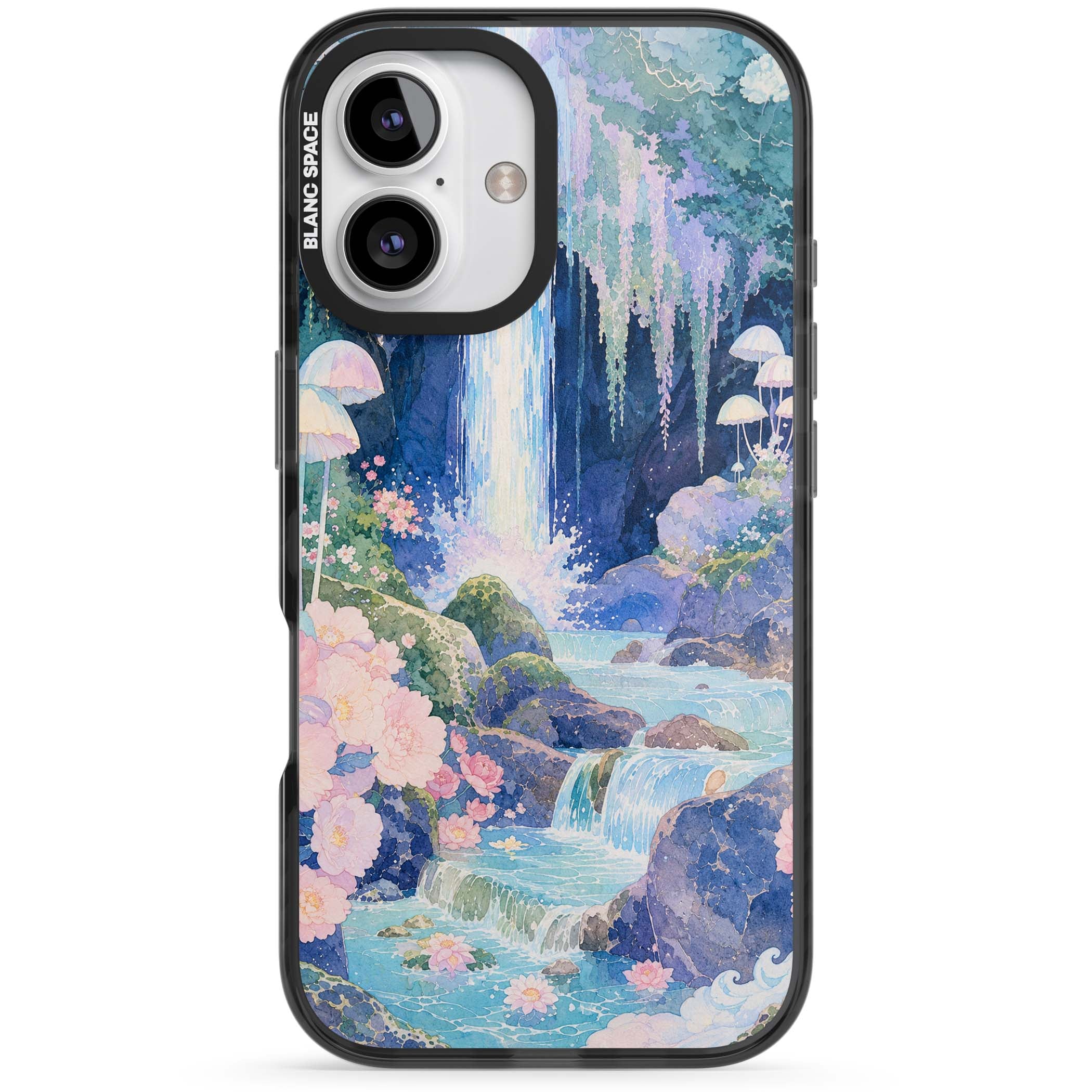 Mystic Waterfall art iPhone case | Black Impact case for iPhone 16, iPhone 16 Plus