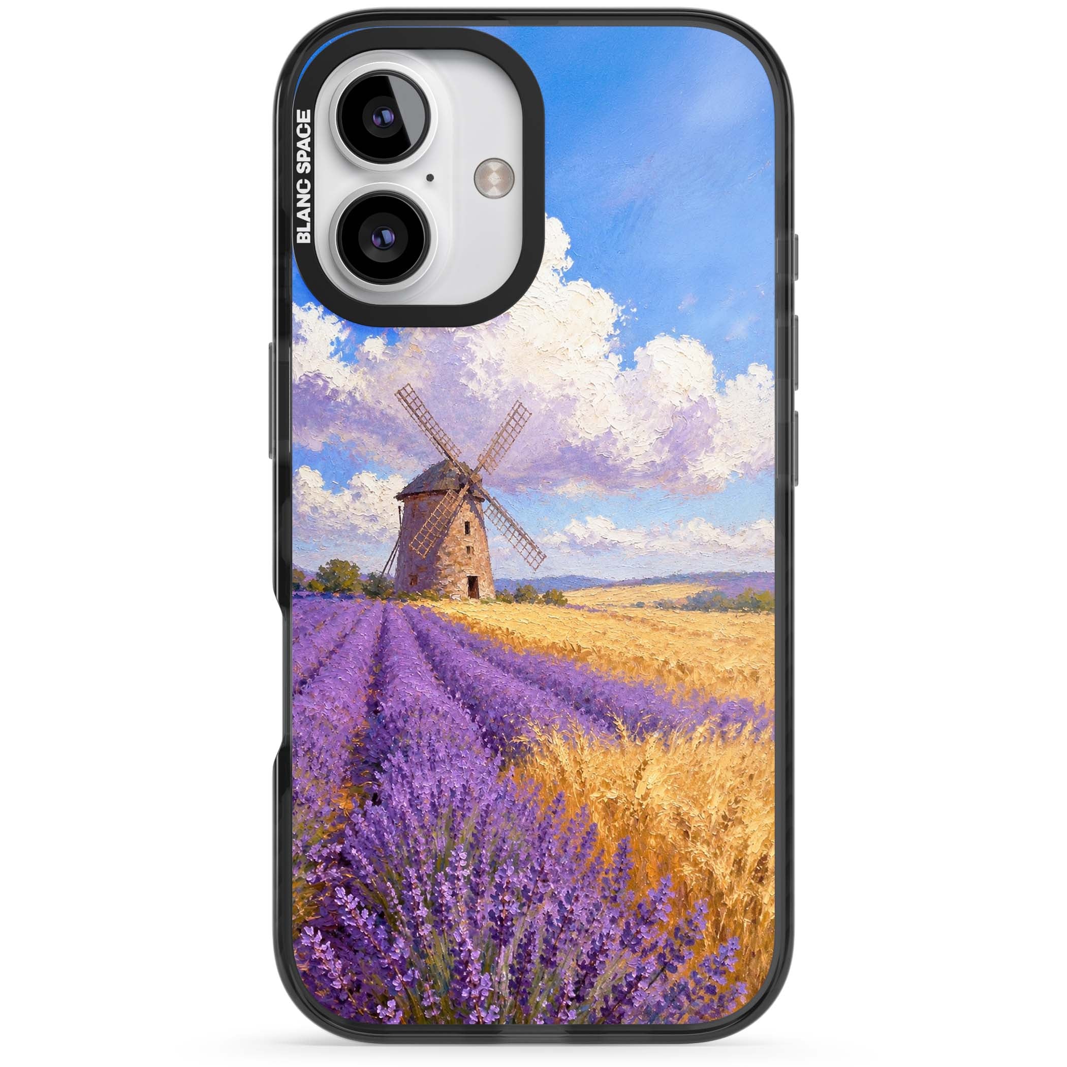 Lavender Mill cottagecore iPhone case featuring a French windmill, lavender field and golden wheat oil painting | Black Impact case for iPhone 16, iPhone 16 Plus