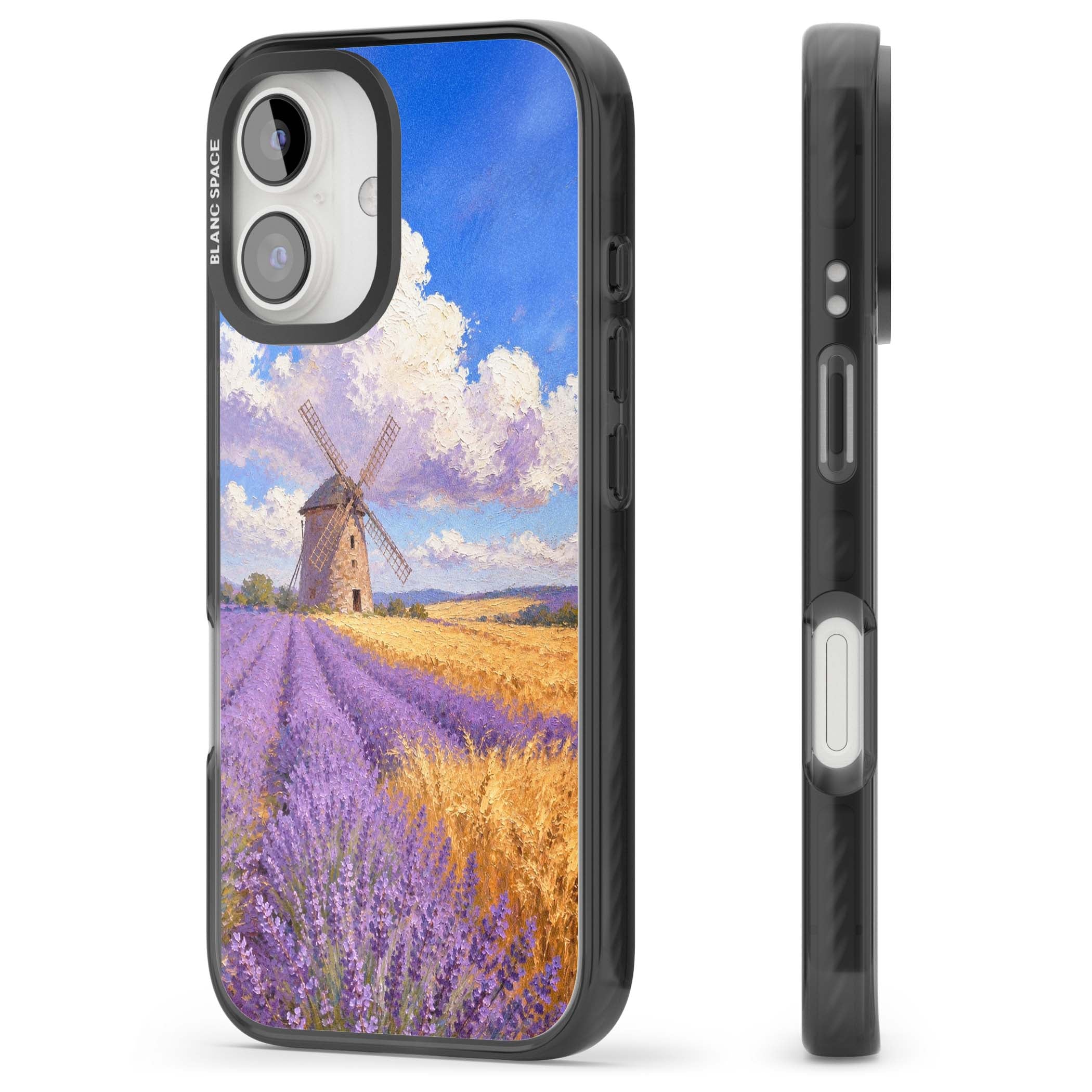 Lavender Mill cottagecore iPhone case featuring a French windmill, lavender field and golden wheat oil painting | Black Impact case for iPhone 16, iPhone 16 Plus